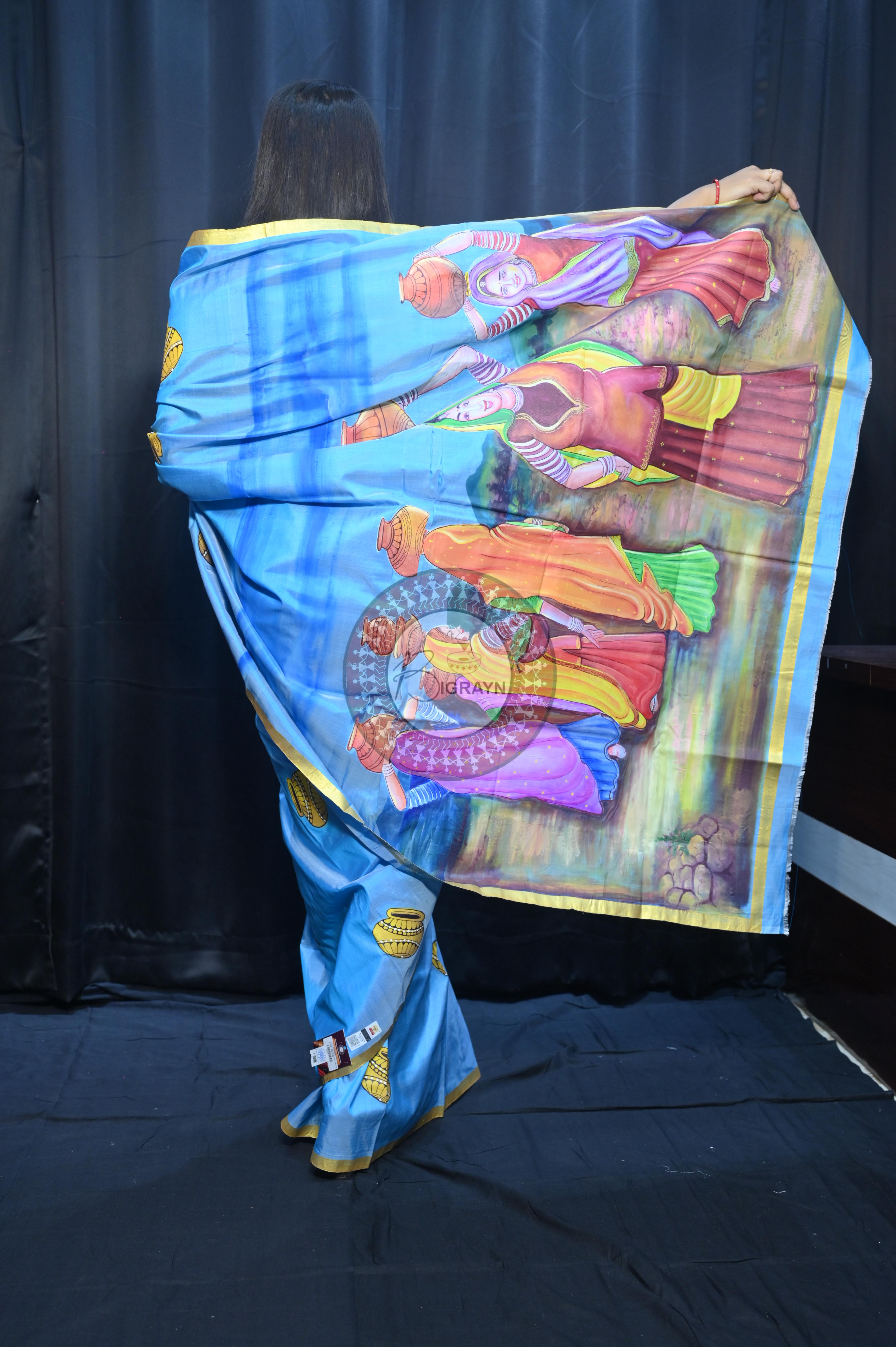 Sky Rajastani Art Theme Pattachitra Sambalpuri Silk Saree