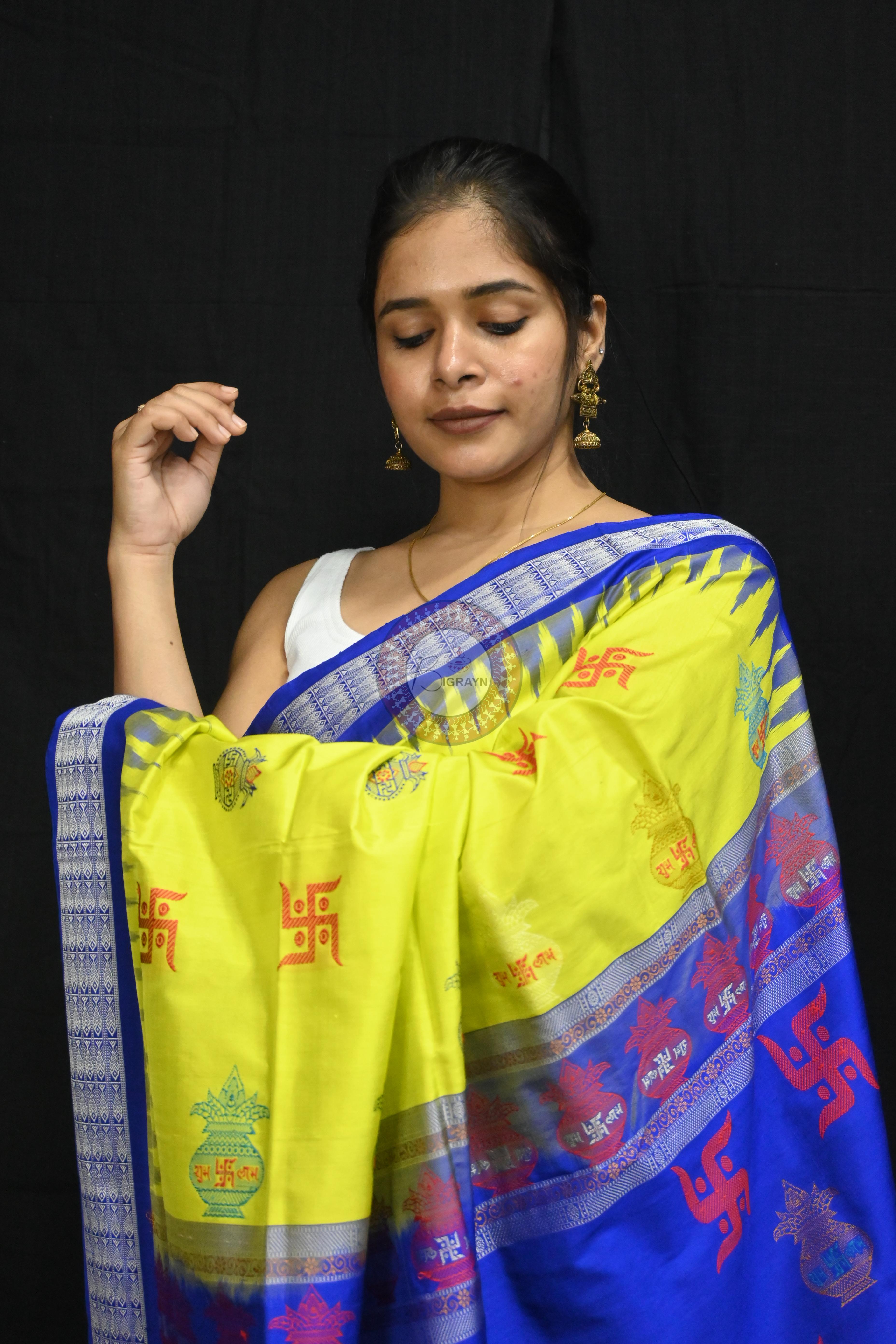 Lemon Yellow Blue Swastik Kalash Silk Saree