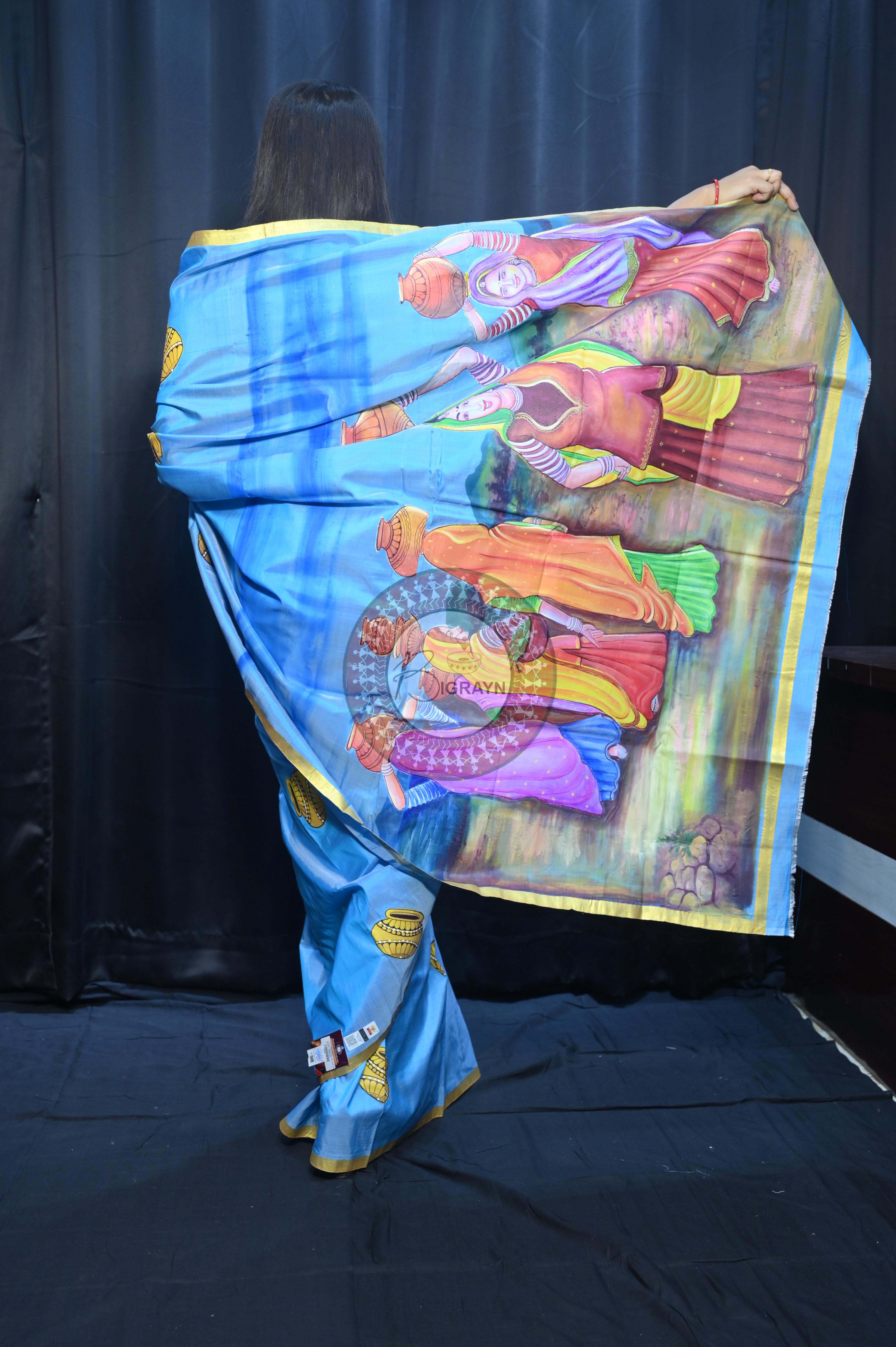 Sky Rajastani Art Theme Pattachitra Sambalpuri Silk Saree