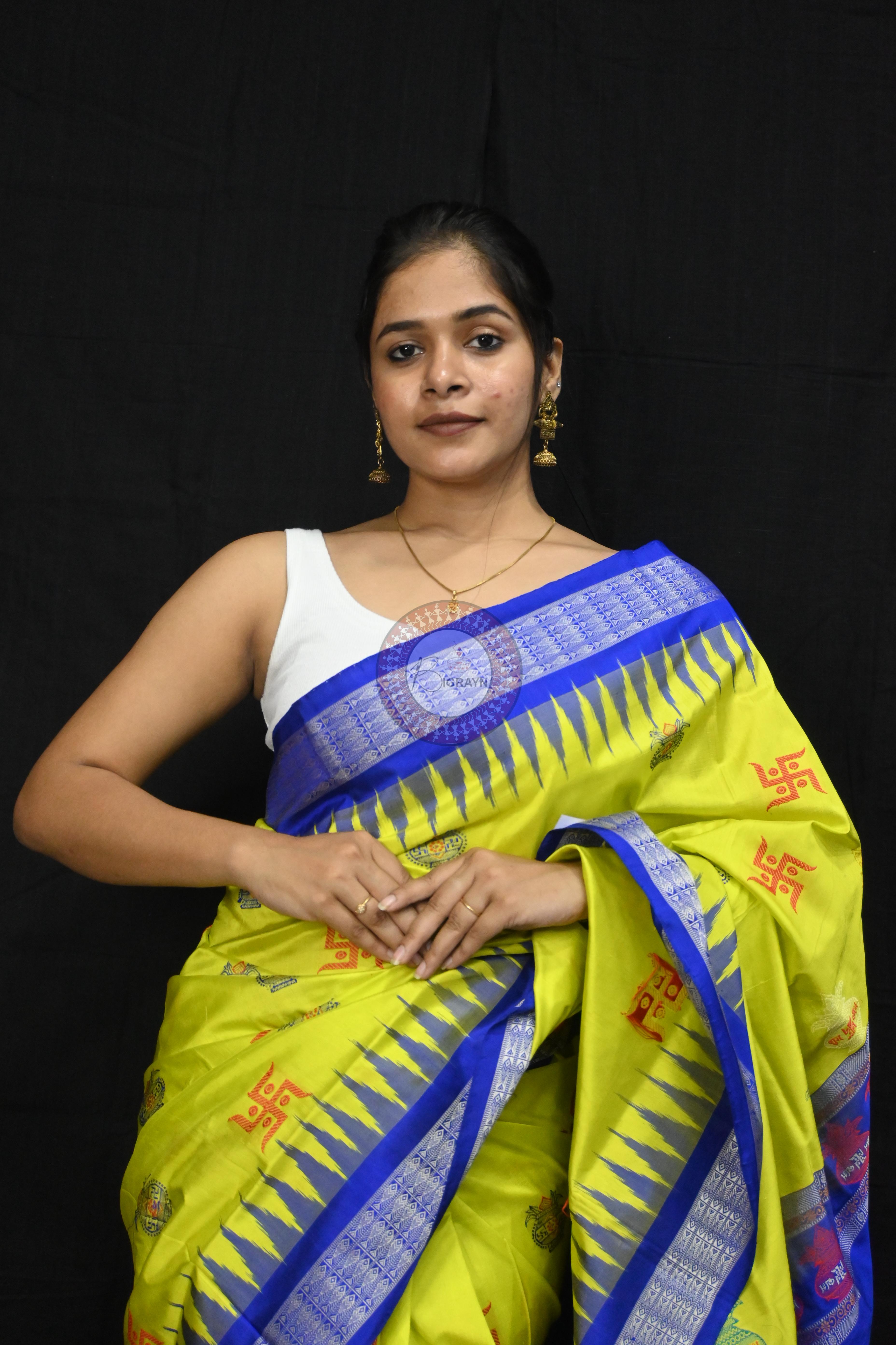 Lemon Yellow Blue Swastik Kalash Silk Saree