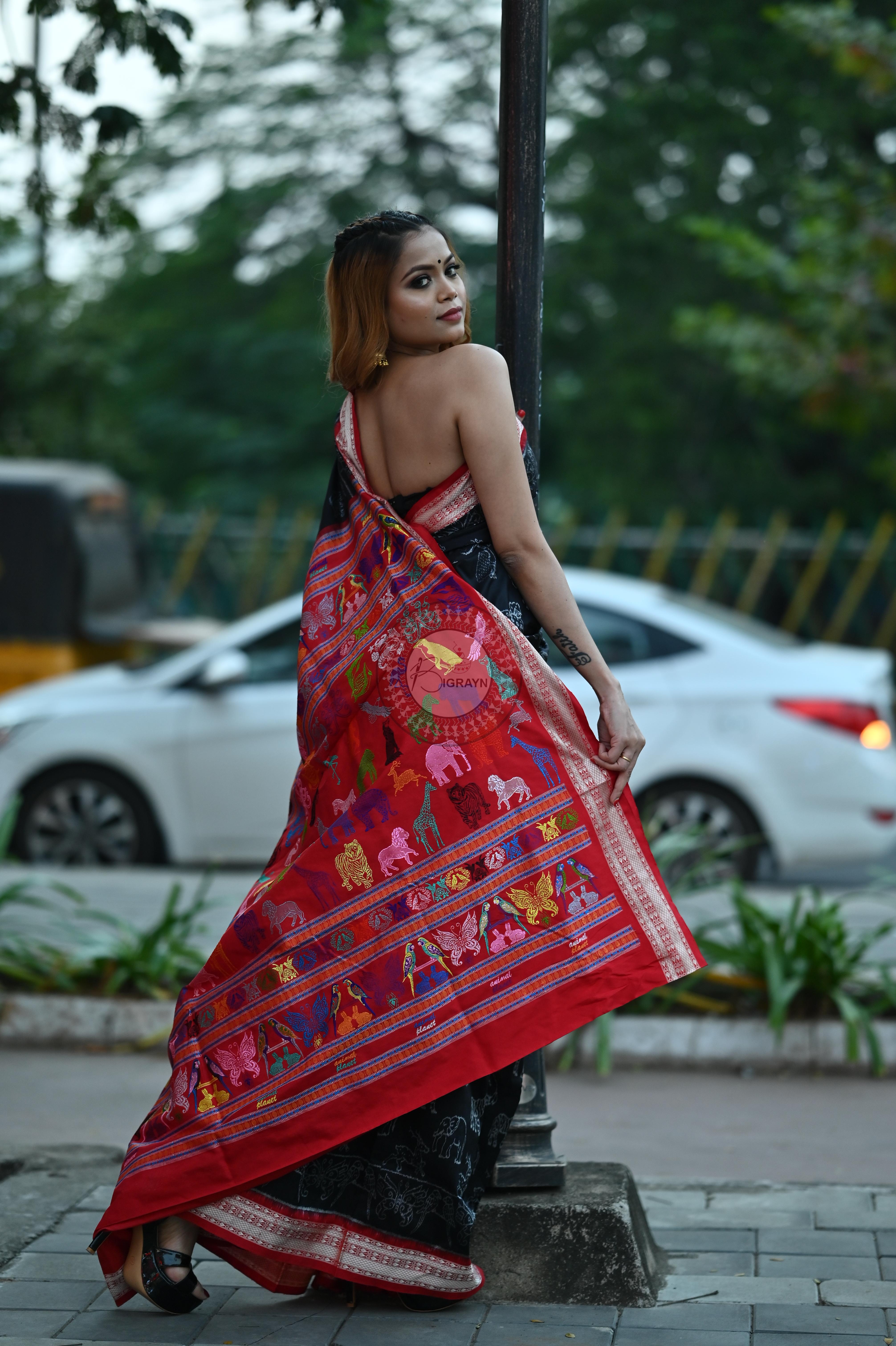 Black Animal Planet Sambalpuri Silk Saree