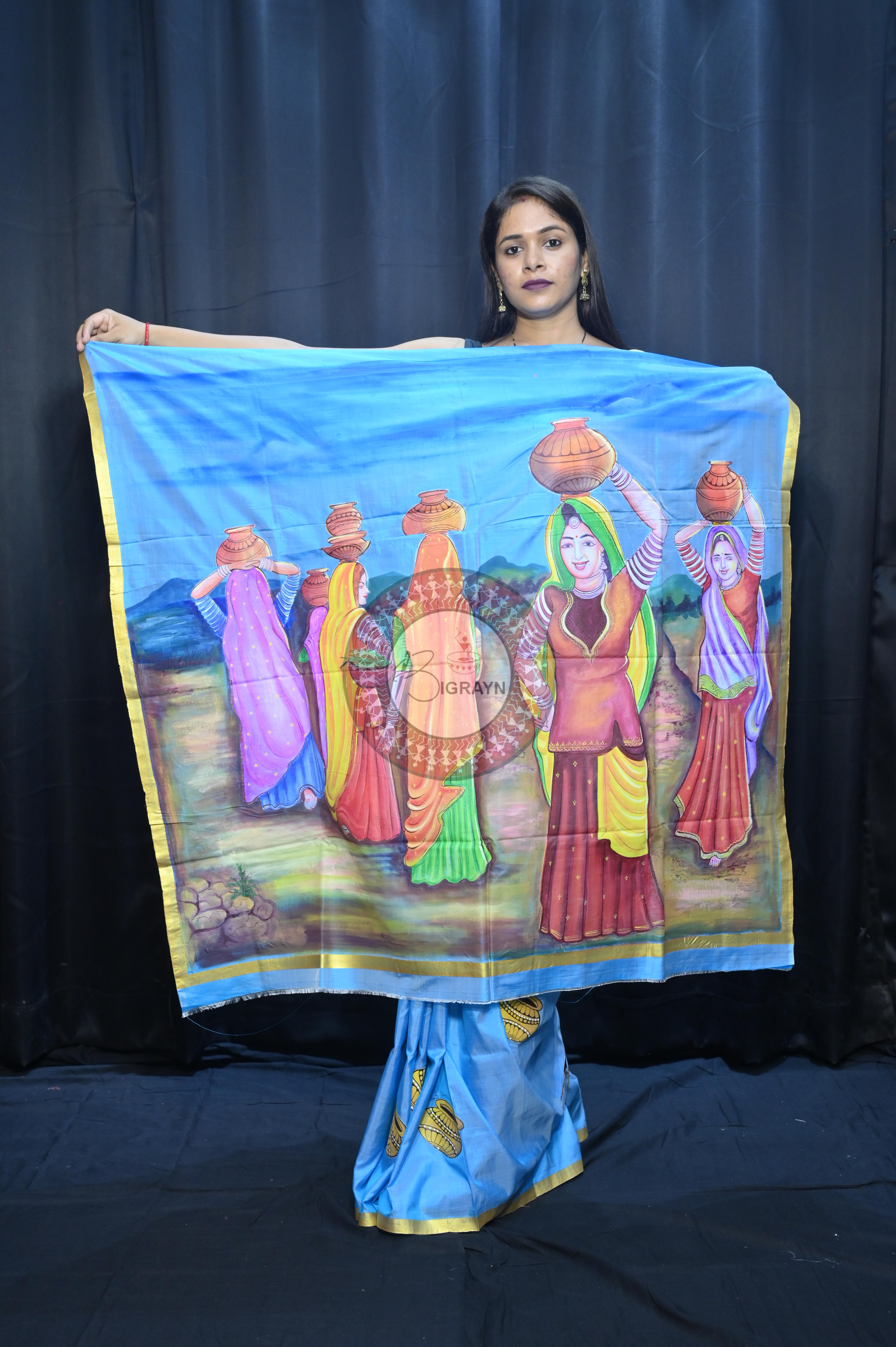 Sky Rajastani Art Theme Pattachitra Sambalpuri Silk Saree