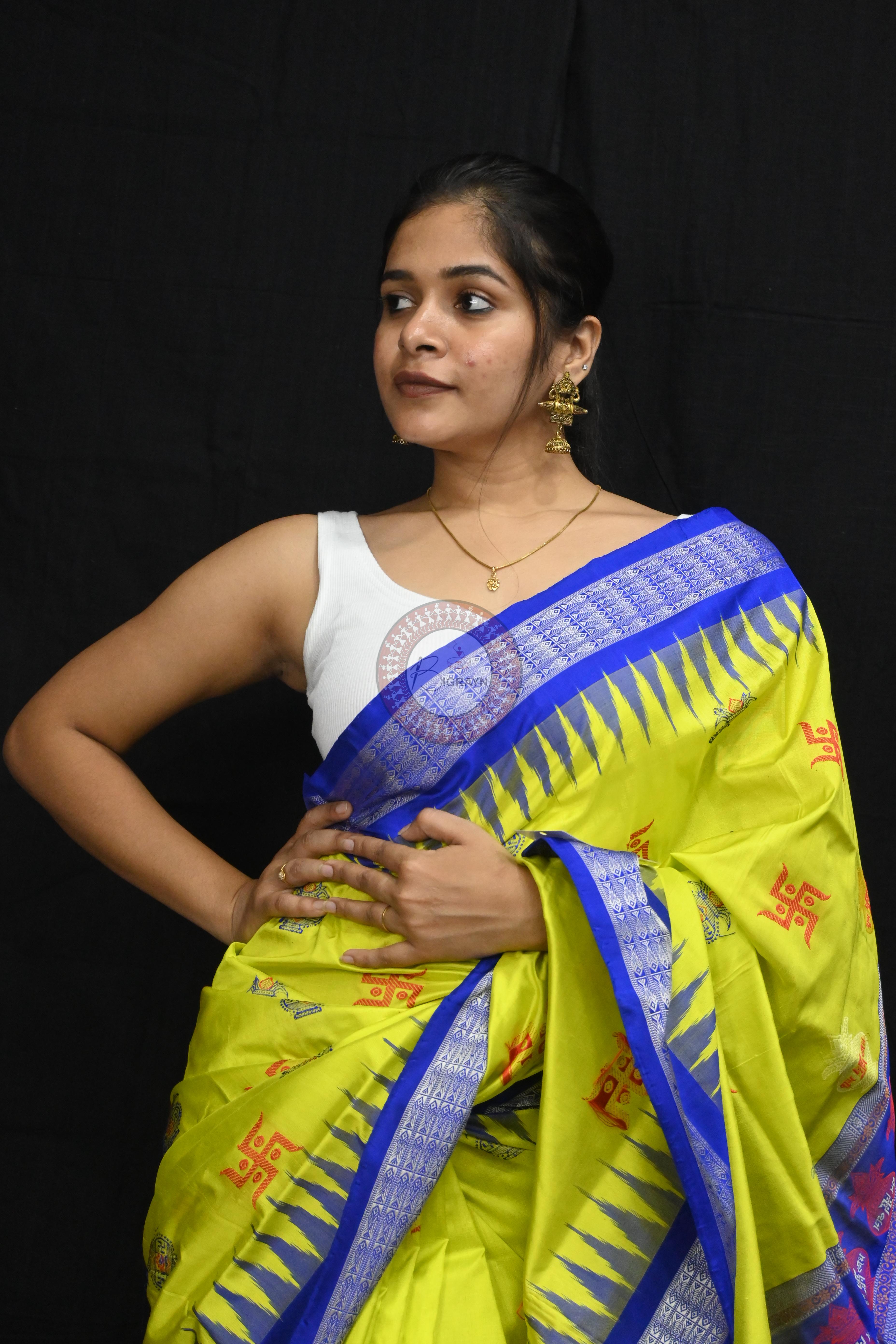 Lemon Yellow Blue Swastik Kalash Silk Saree