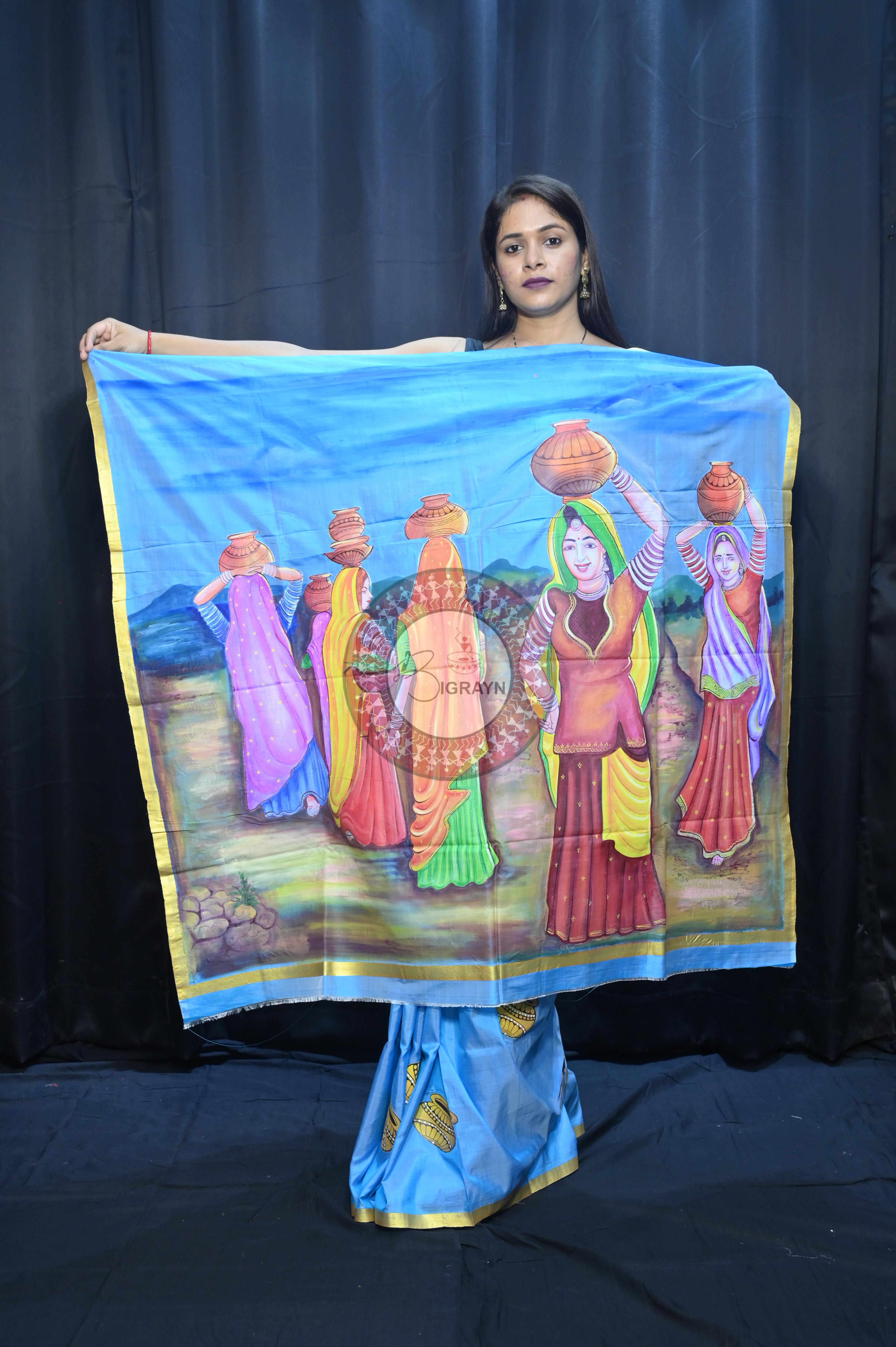 Sky Rajastani Art Theme Pattachitra Sambalpuri Silk Saree