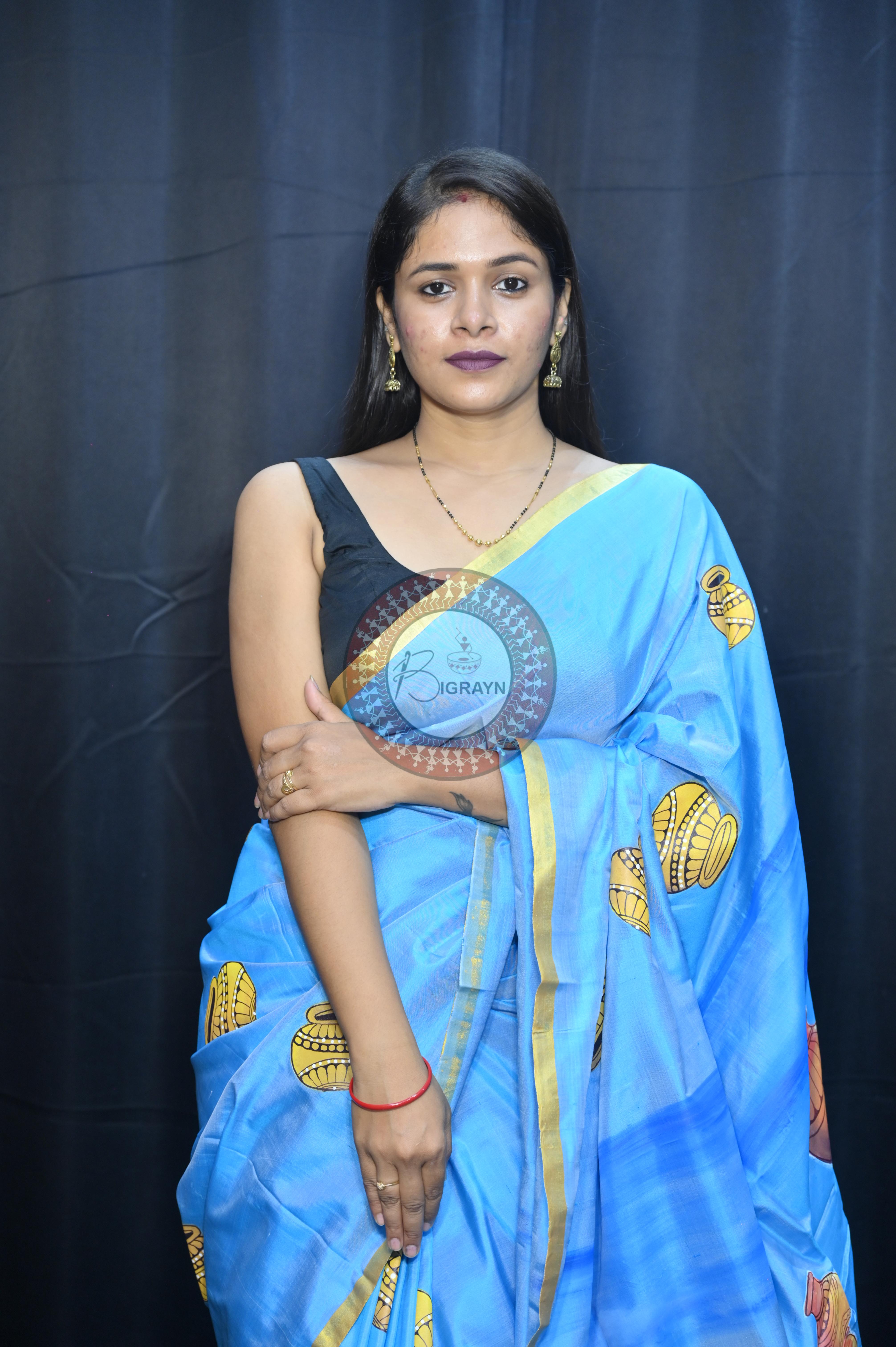 Sky Rajastani Art Theme Pattachitra Sambalpuri Silk Saree