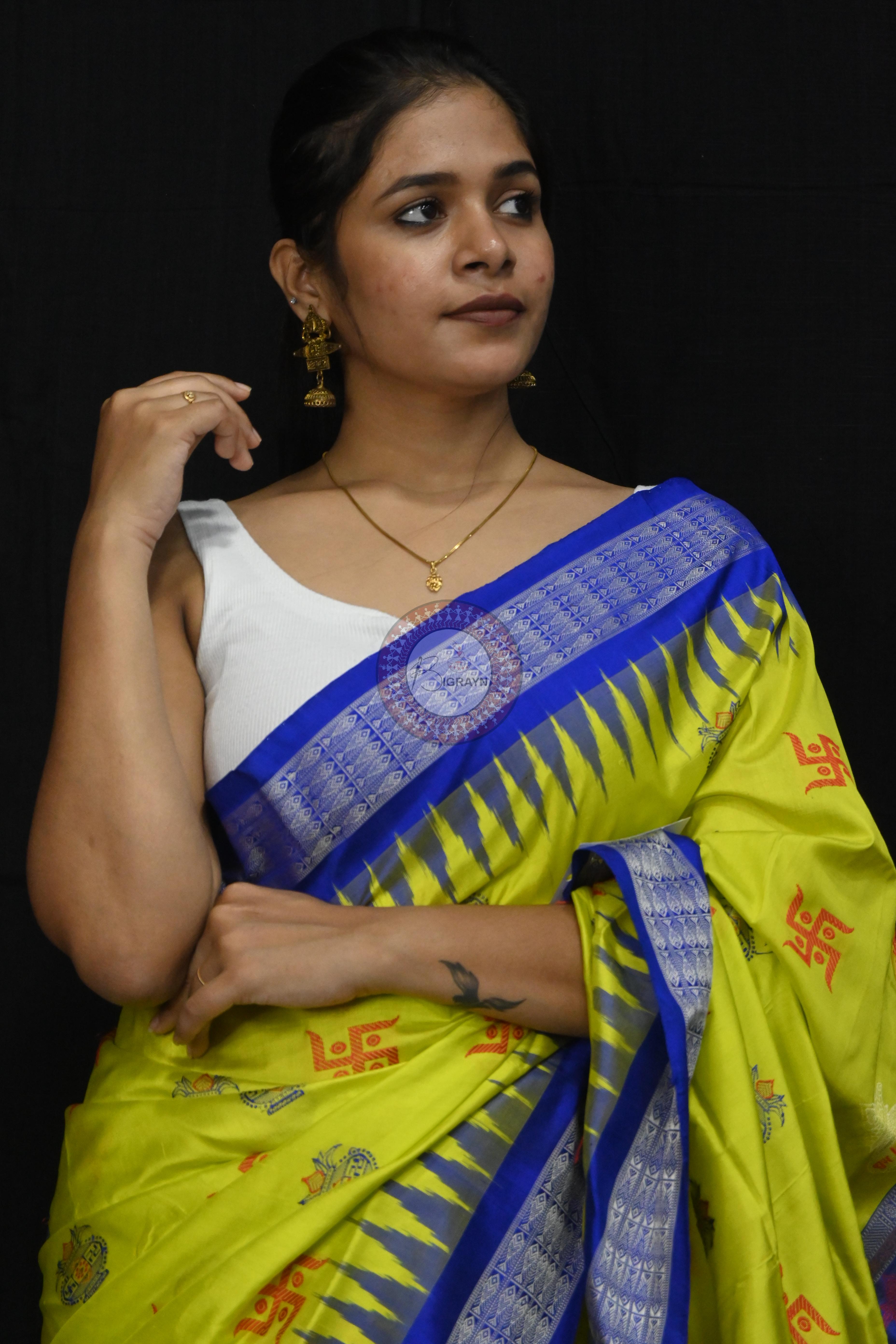 Lemon Yellow Blue Swastik Kalash Silk Saree