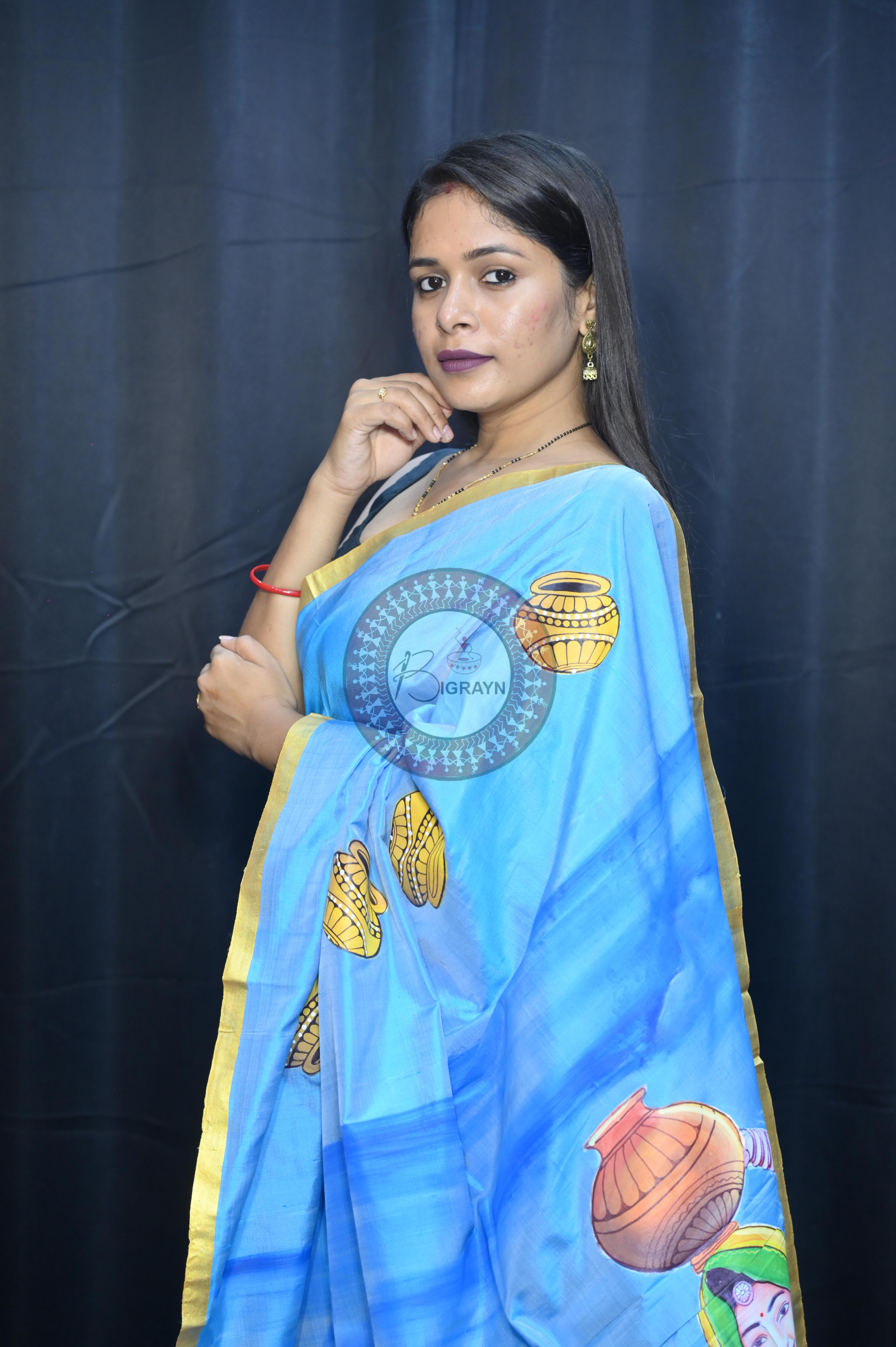 Sky Rajastani Art Theme Pattachitra Sambalpuri Silk Saree