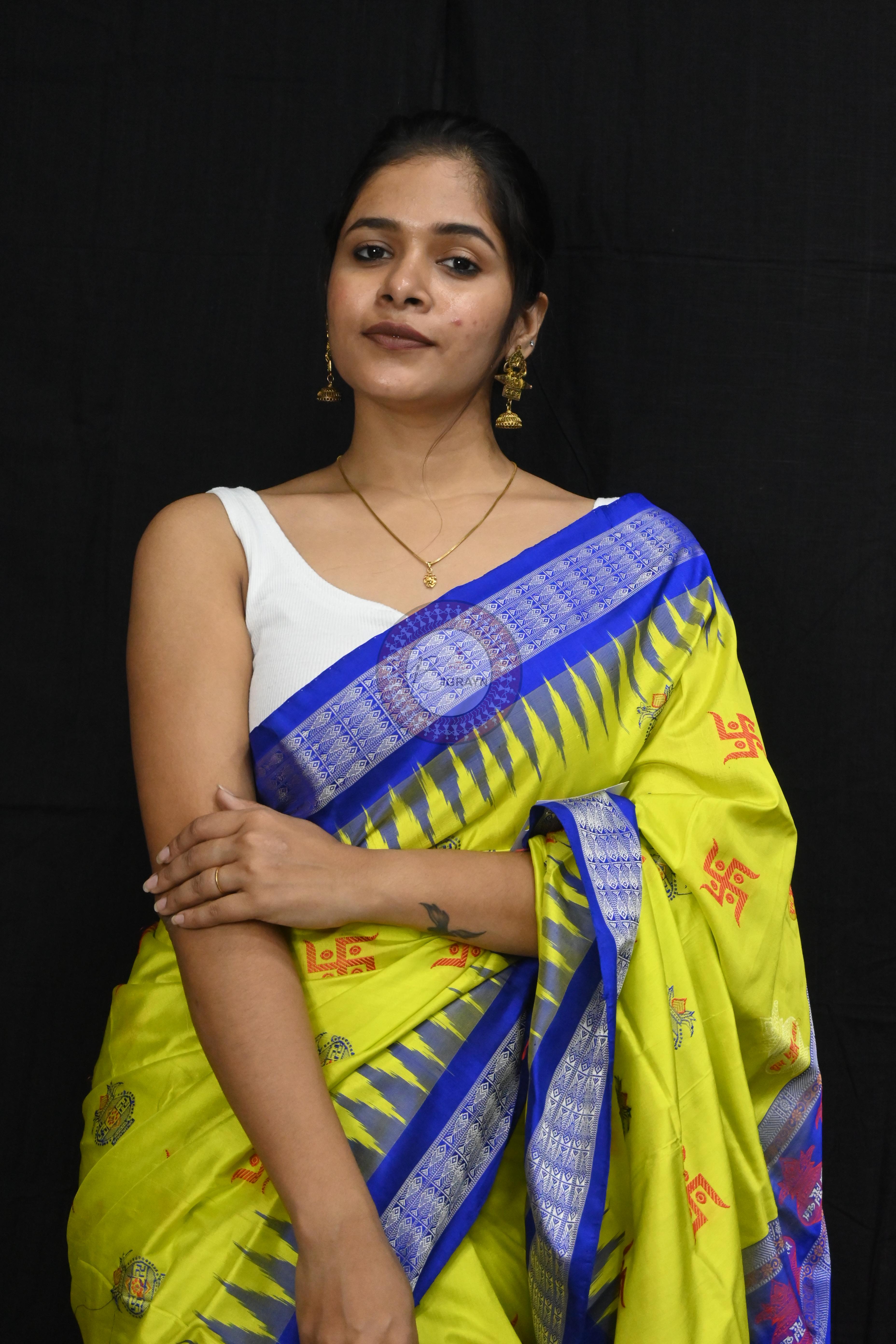 Lemon Yellow Blue Swastik Kalash Silk Saree