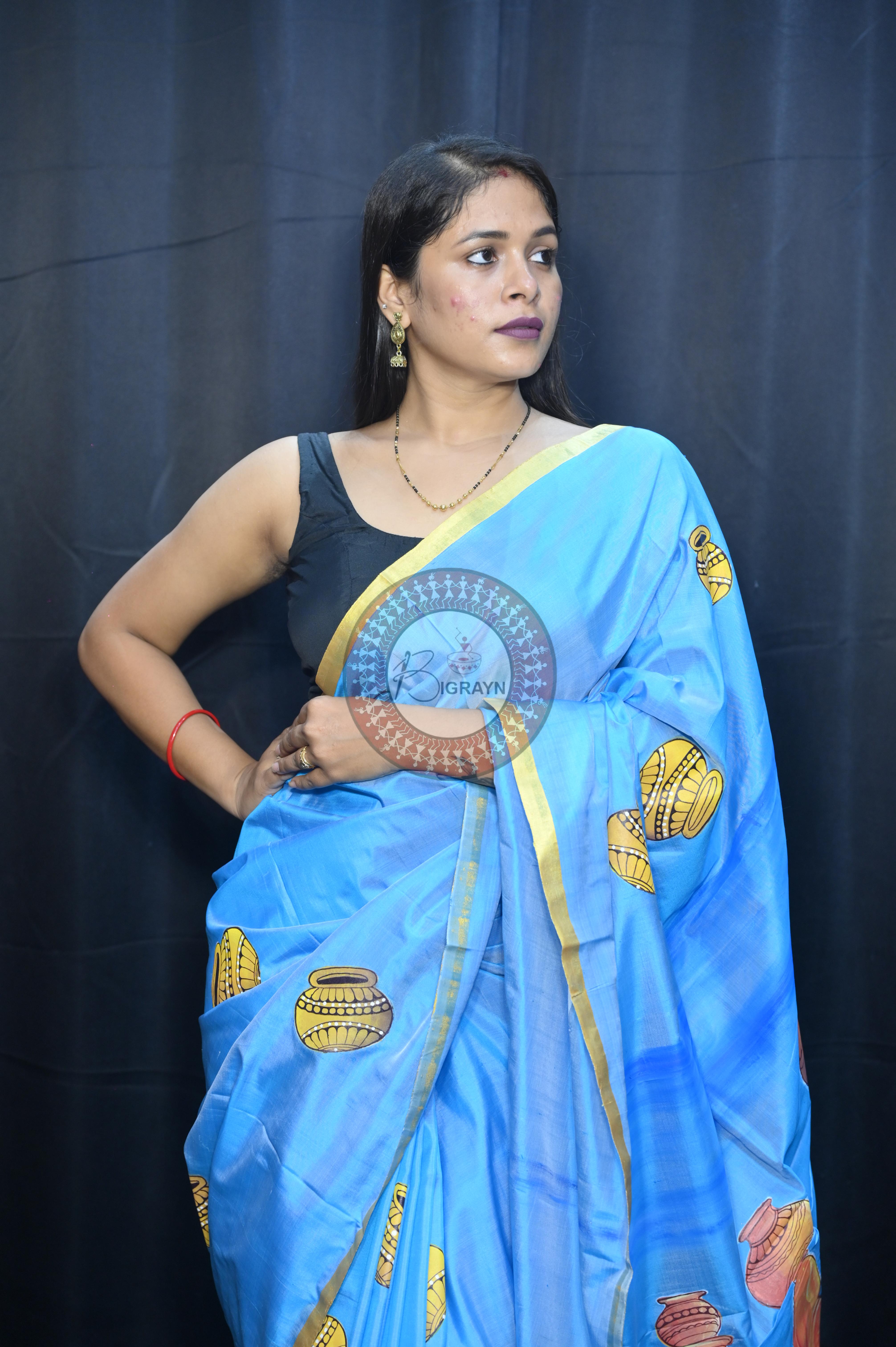 Sky Rajastani Art Theme Pattachitra Sambalpuri Silk Saree