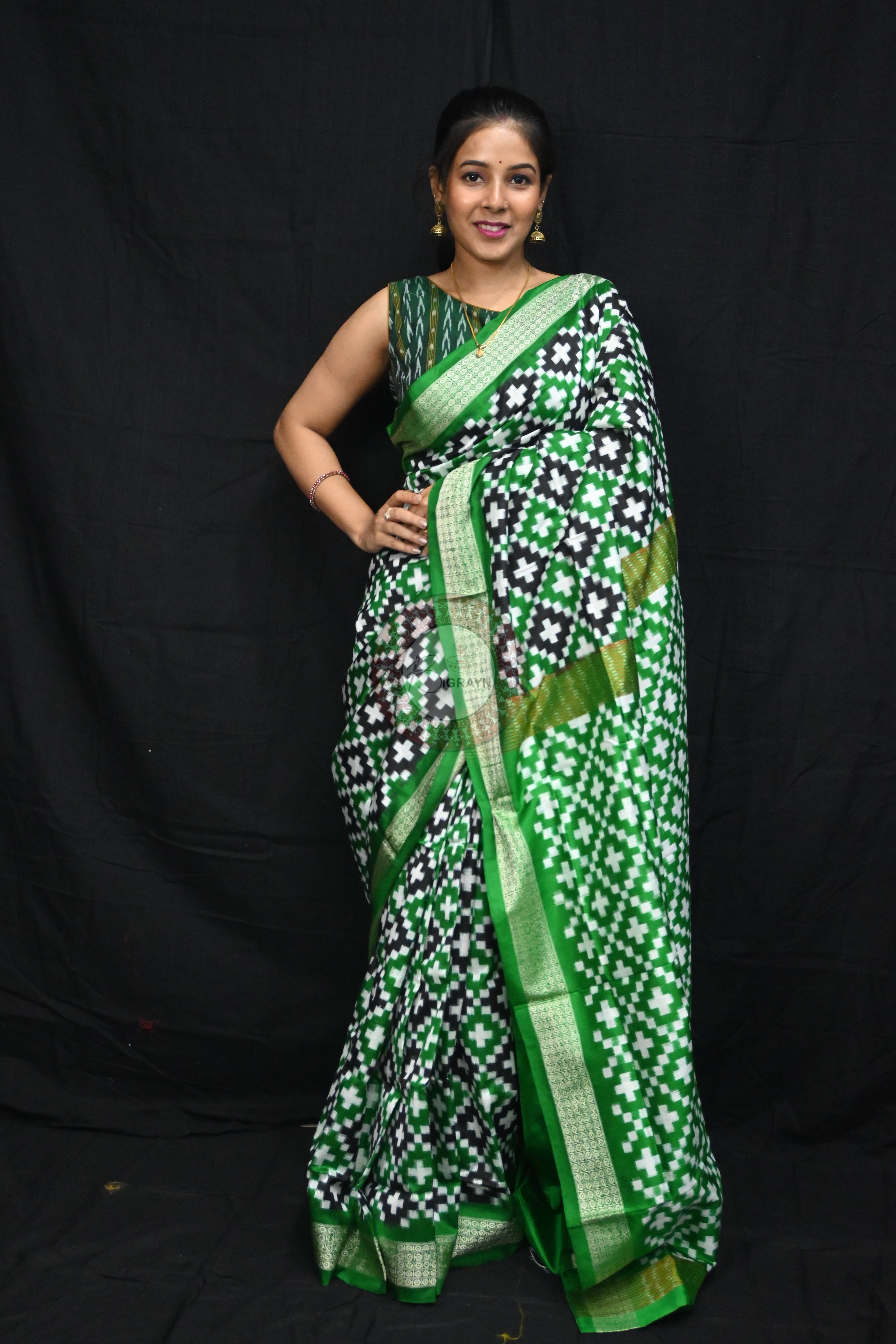 Green Black White Pasapali Sambalpuri Silk Saree