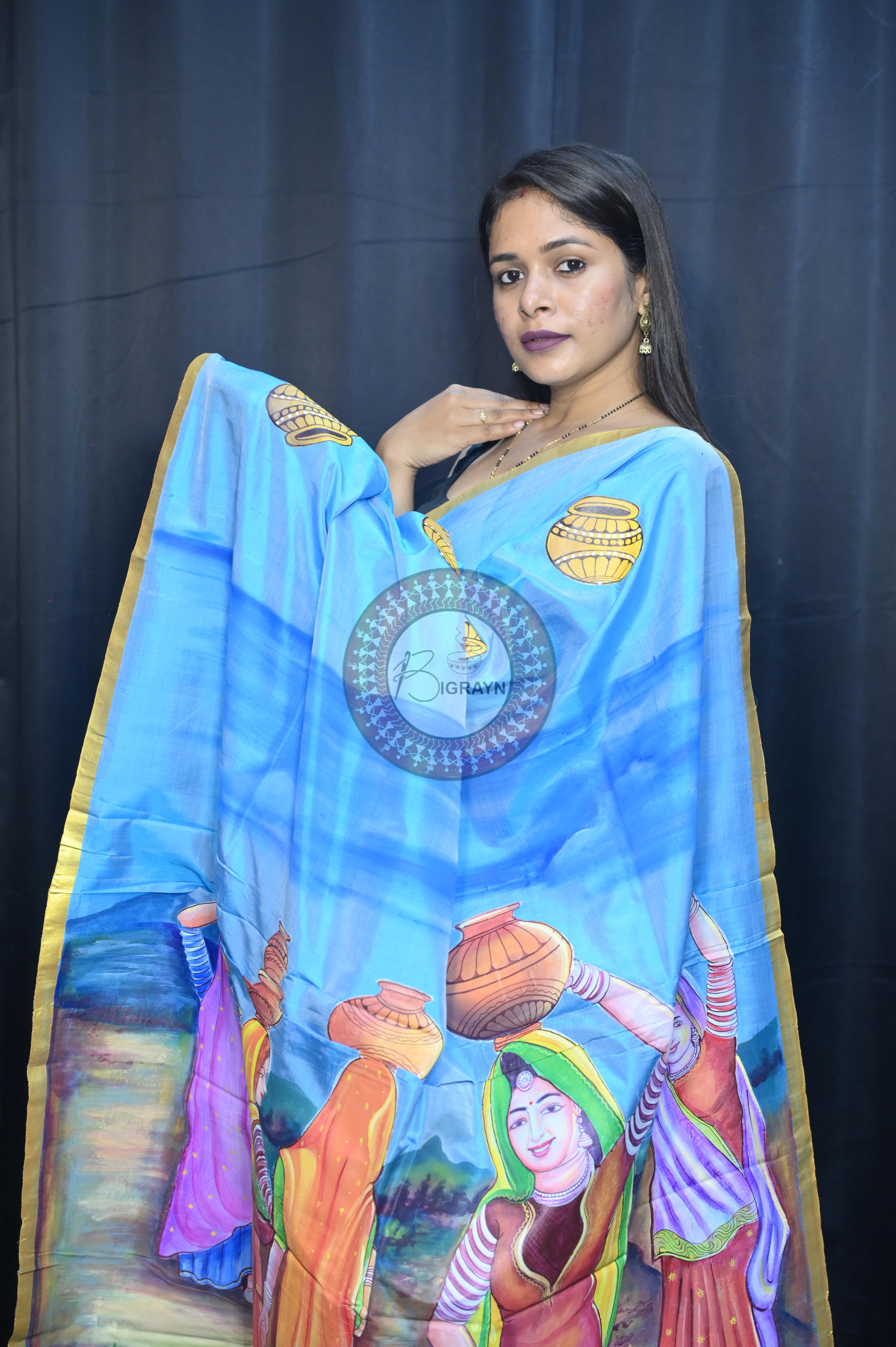 Sky Rajastani Art Theme Pattachitra Sambalpuri Silk Saree