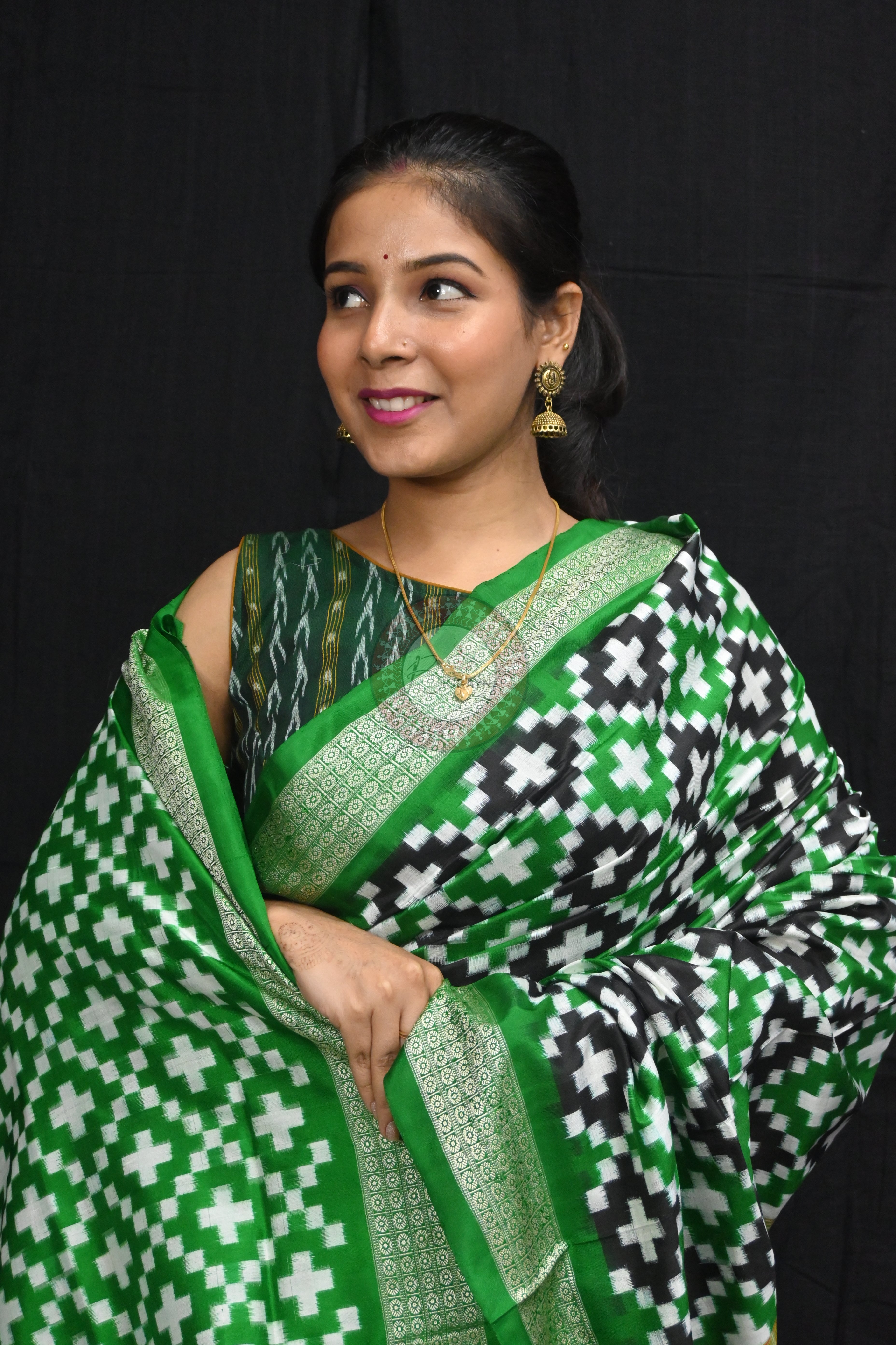 Green Black White Pasapali Sambalpuri Silk Saree