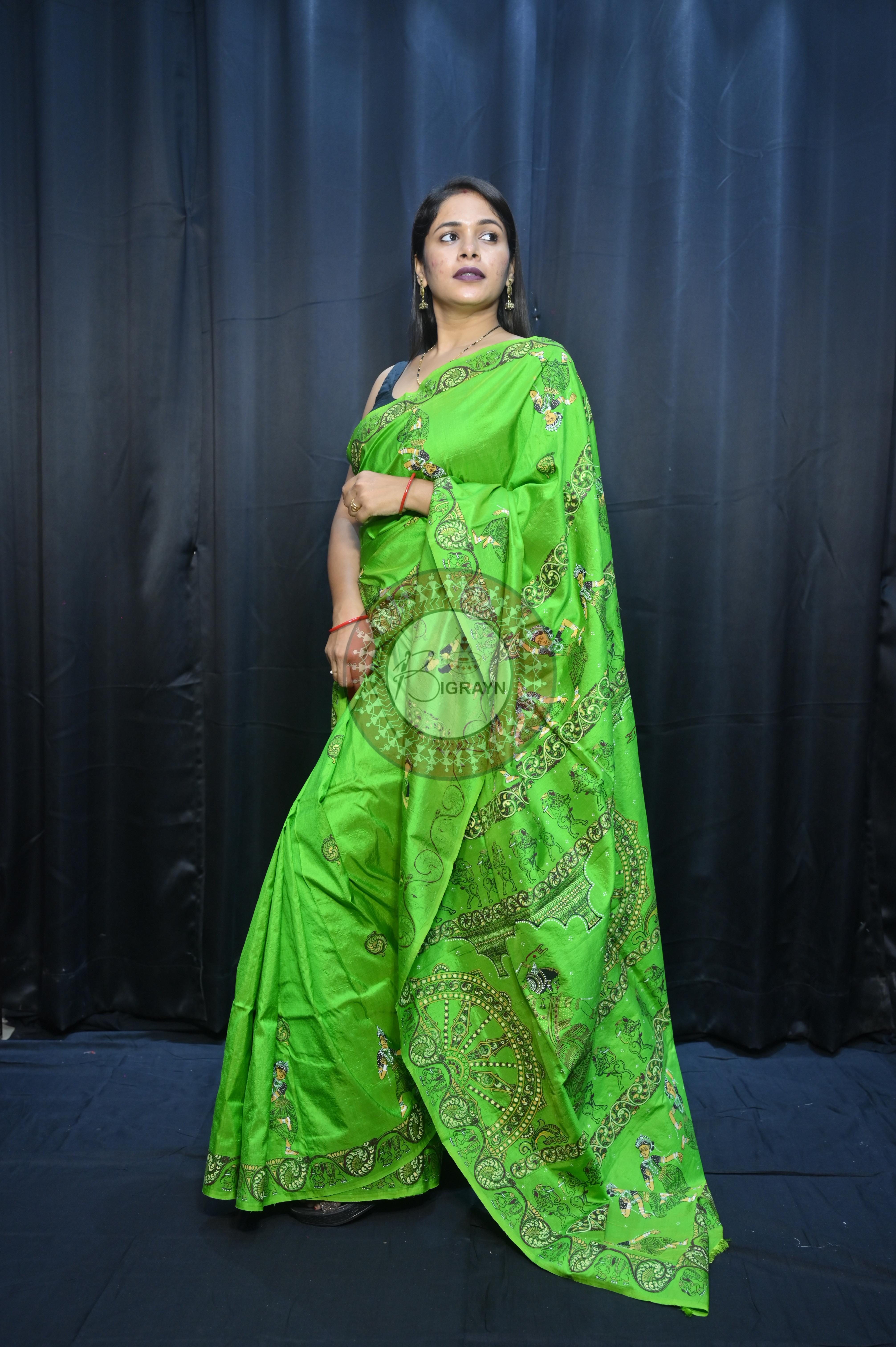 Parrot Green Konark Chakra And Dancer Theme Pattachitra Sambalpuri Silk Saree