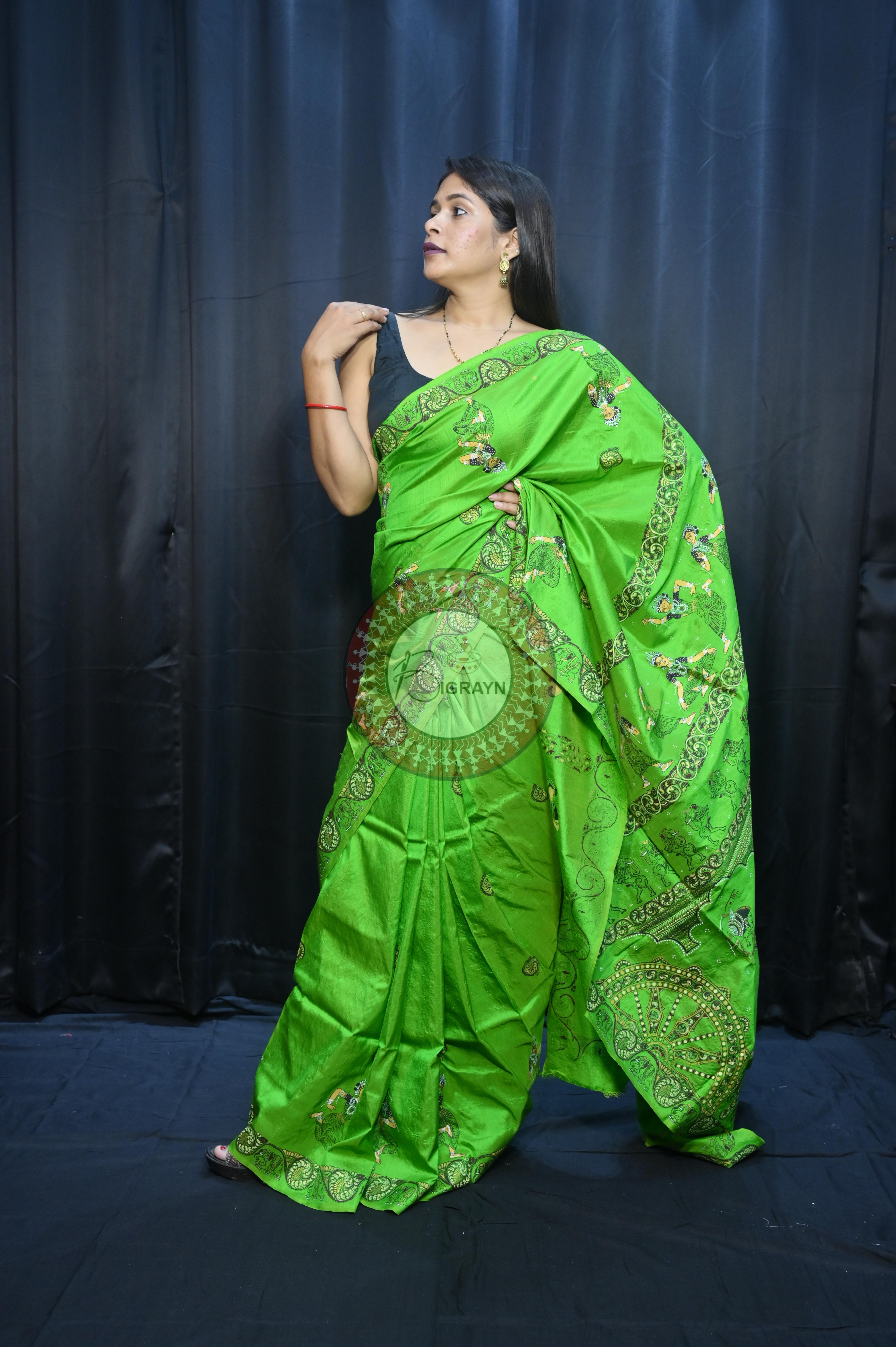 Parrot Green Konark Chakra And Dancer Theme Pattachitra Sambalpuri Silk Saree