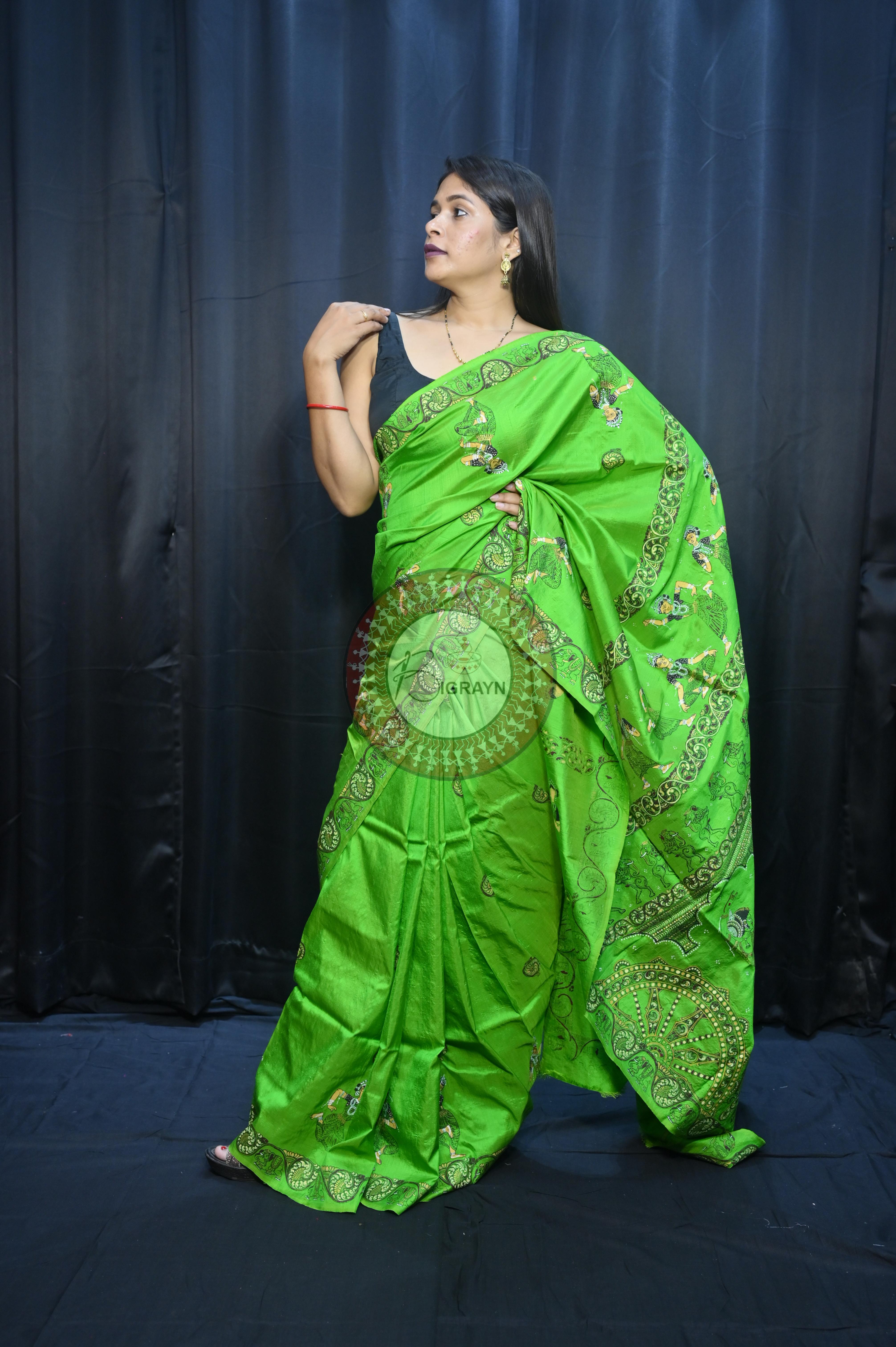Parrot Green Konark Chakra And Dancer Theme Pattachitra Sambalpuri Silk Saree