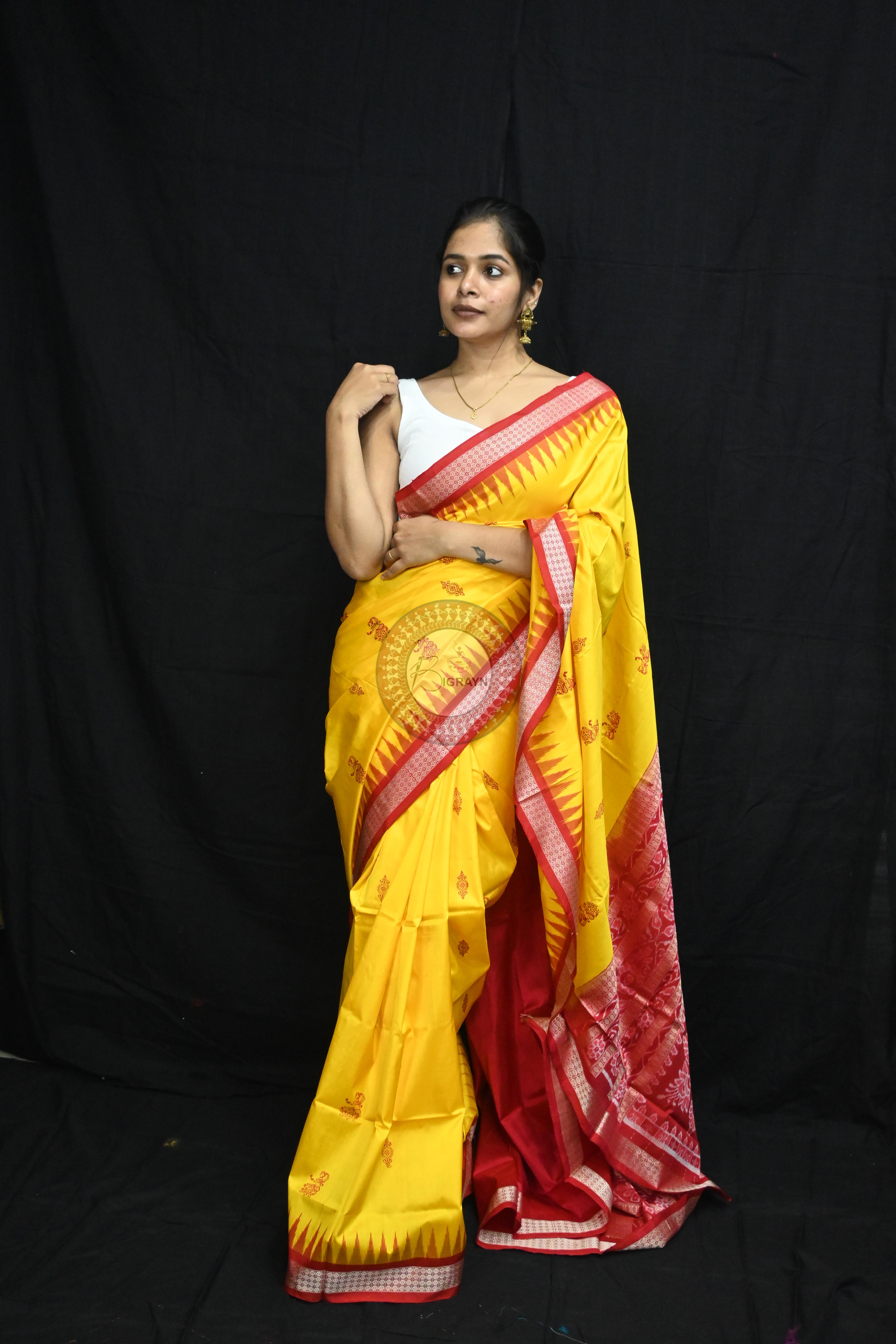 Yellow Red Tribal Dipa Bomkai Silk Saree