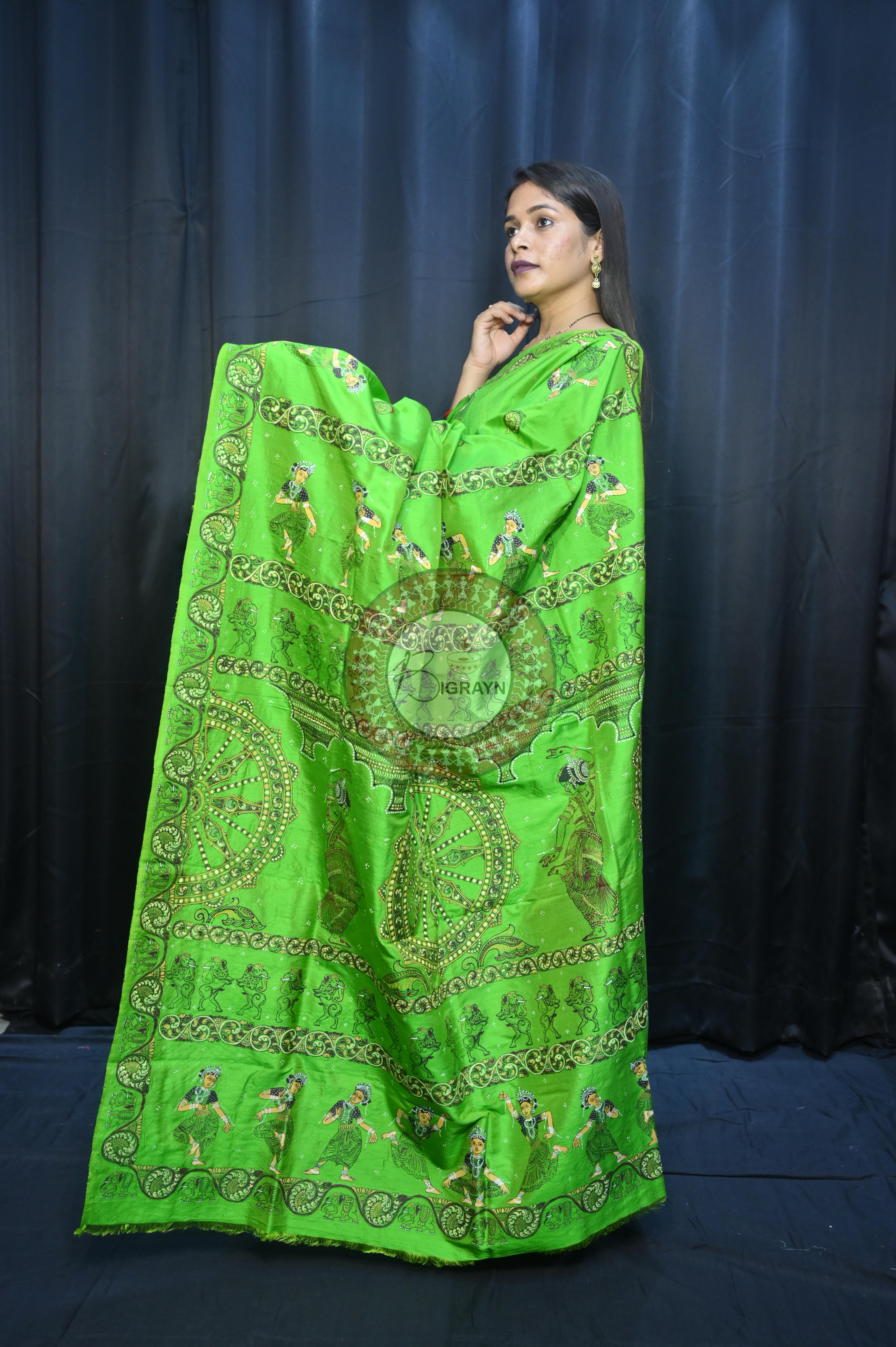 Parrot Green Konark Chakra And Dancer Theme Pattachitra Sambalpuri Silk Saree