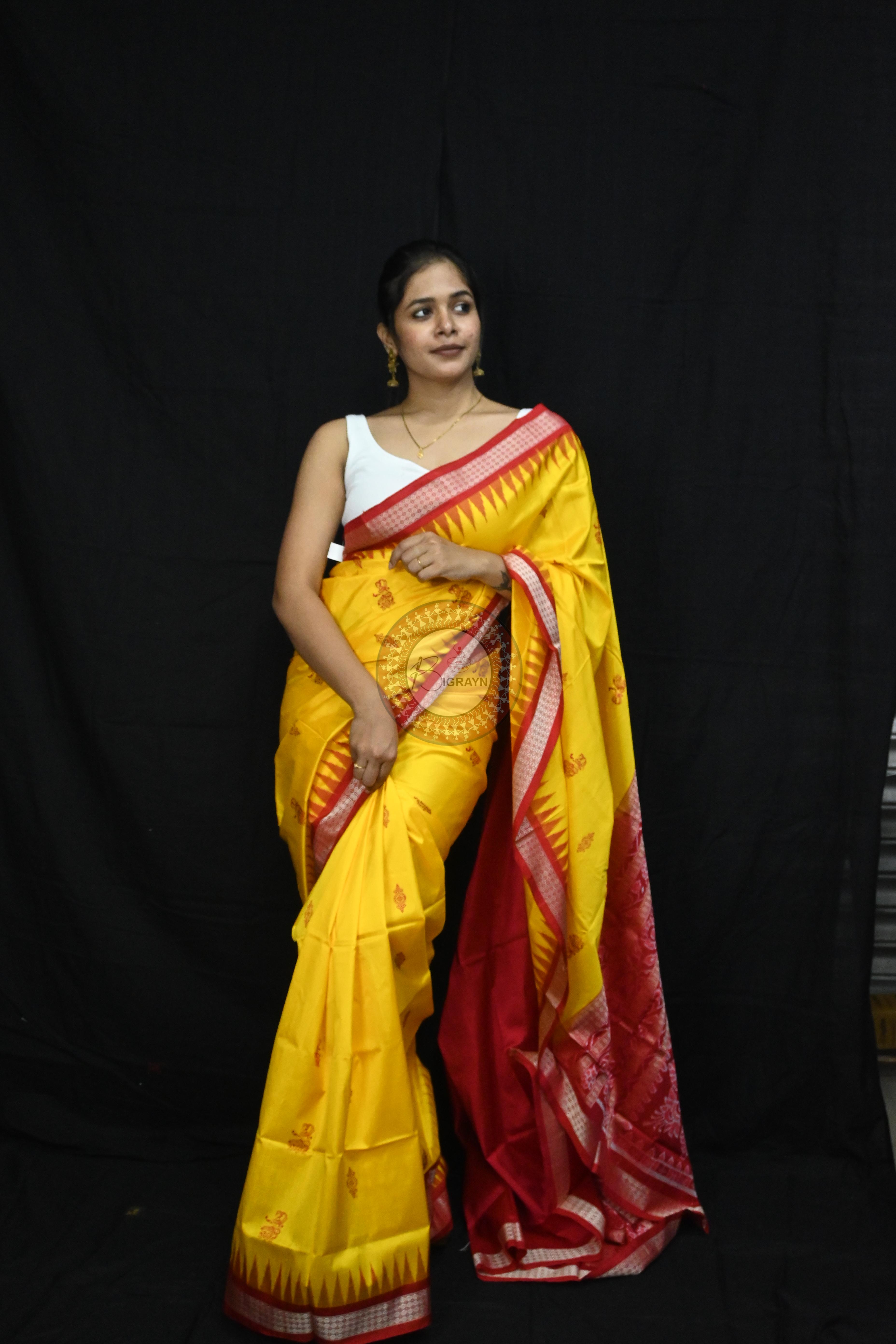 Yellow Red Tribal Dipa Bomkai Silk Saree