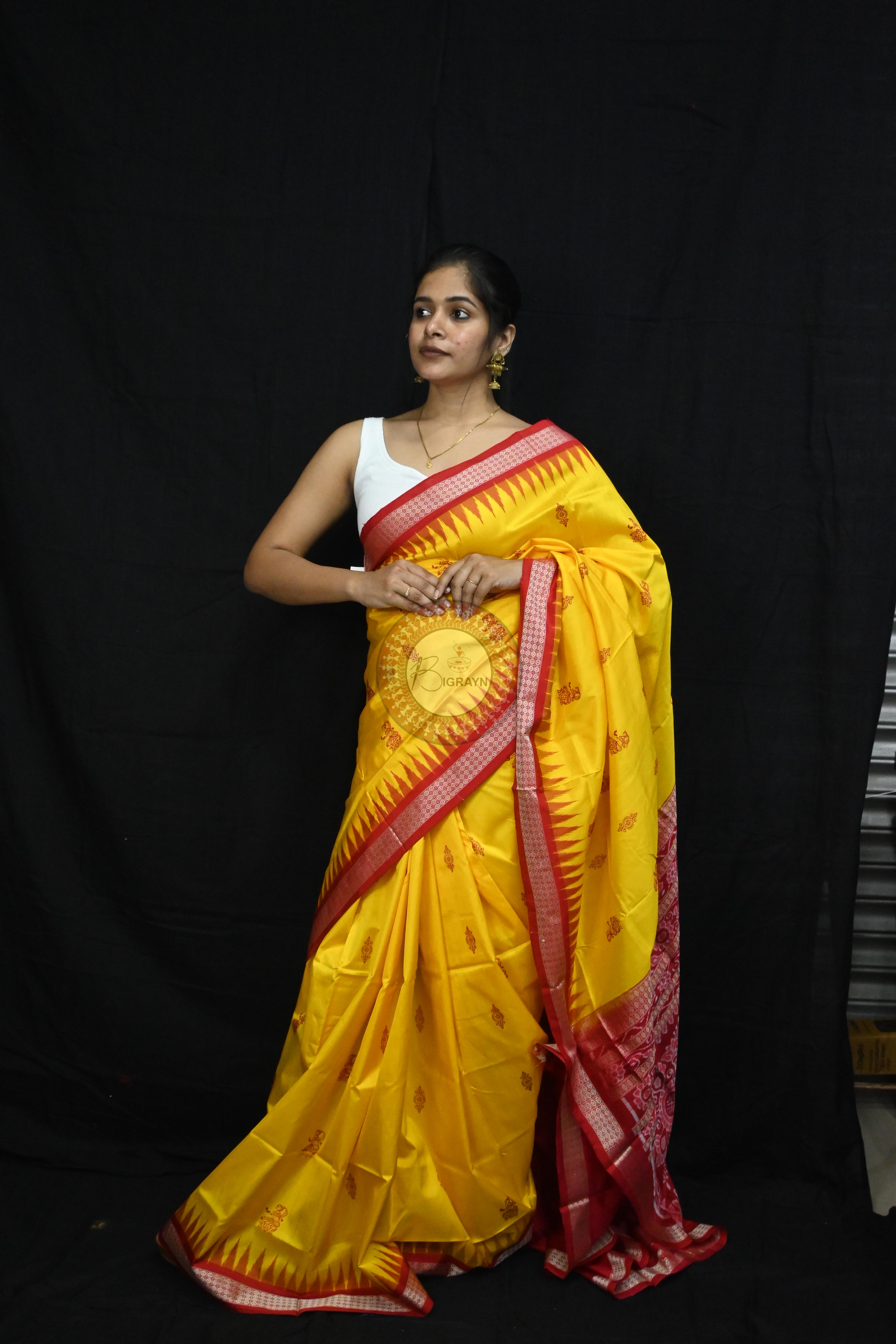 Yellow Red Tribal Dipa Bomkai Silk Saree