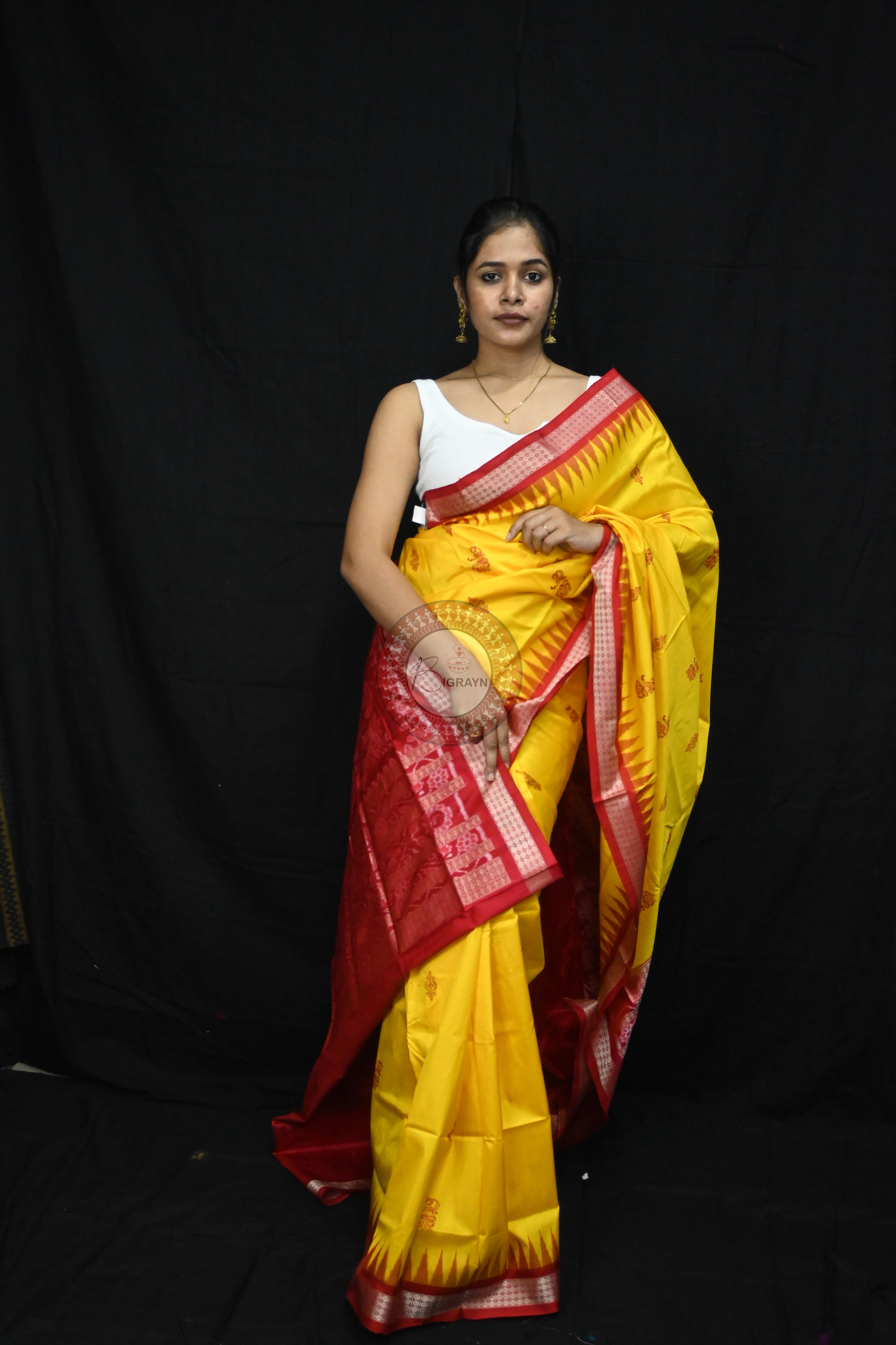 Yellow Red Tribal Dipa Bomkai Silk Saree