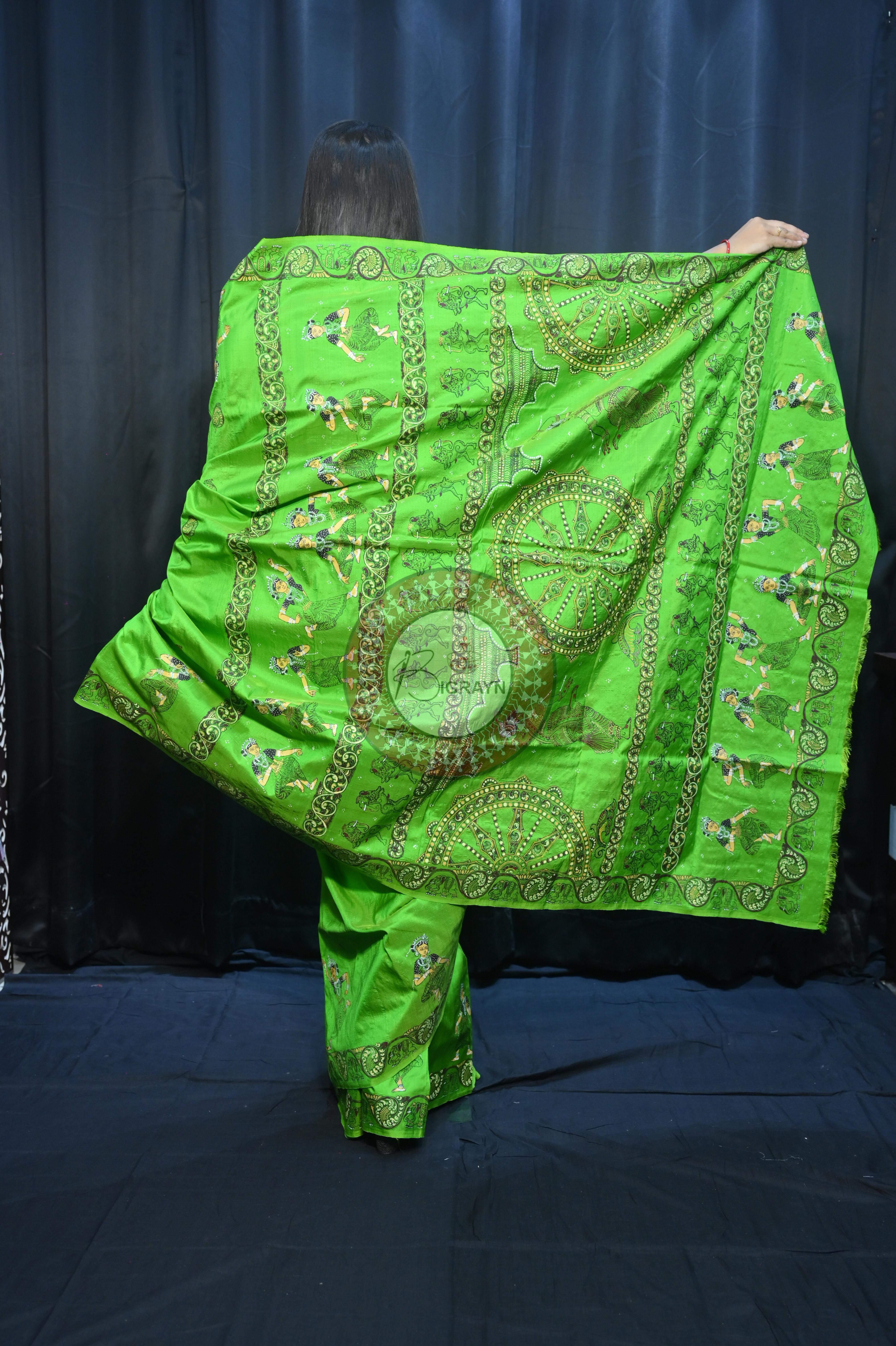 Parrot Green Konark Chakra And Dancer Theme Pattachitra Sambalpuri Silk Saree
