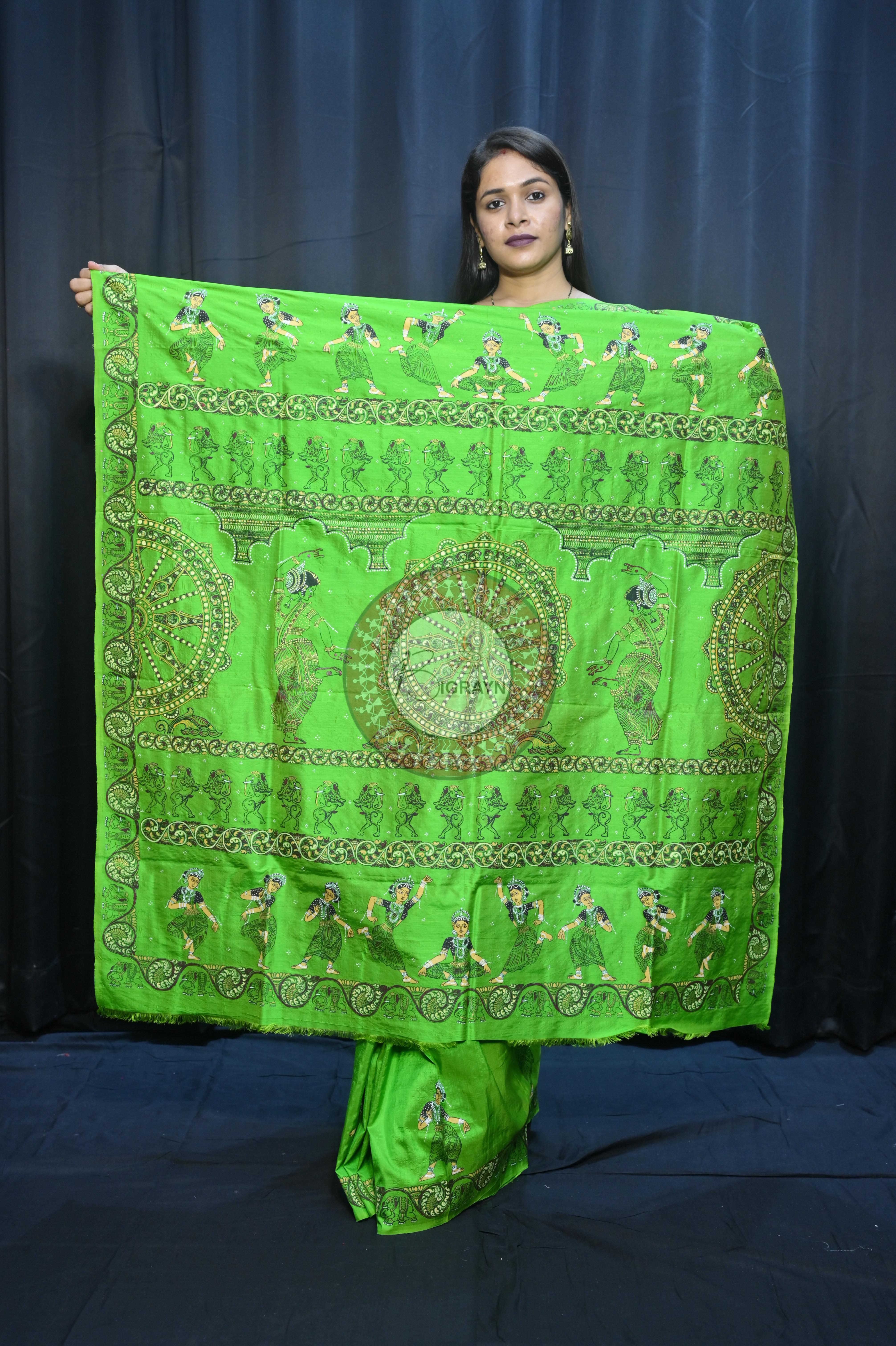 Parrot Green Konark Chakra And Dancer Theme Pattachitra Sambalpuri Silk Saree