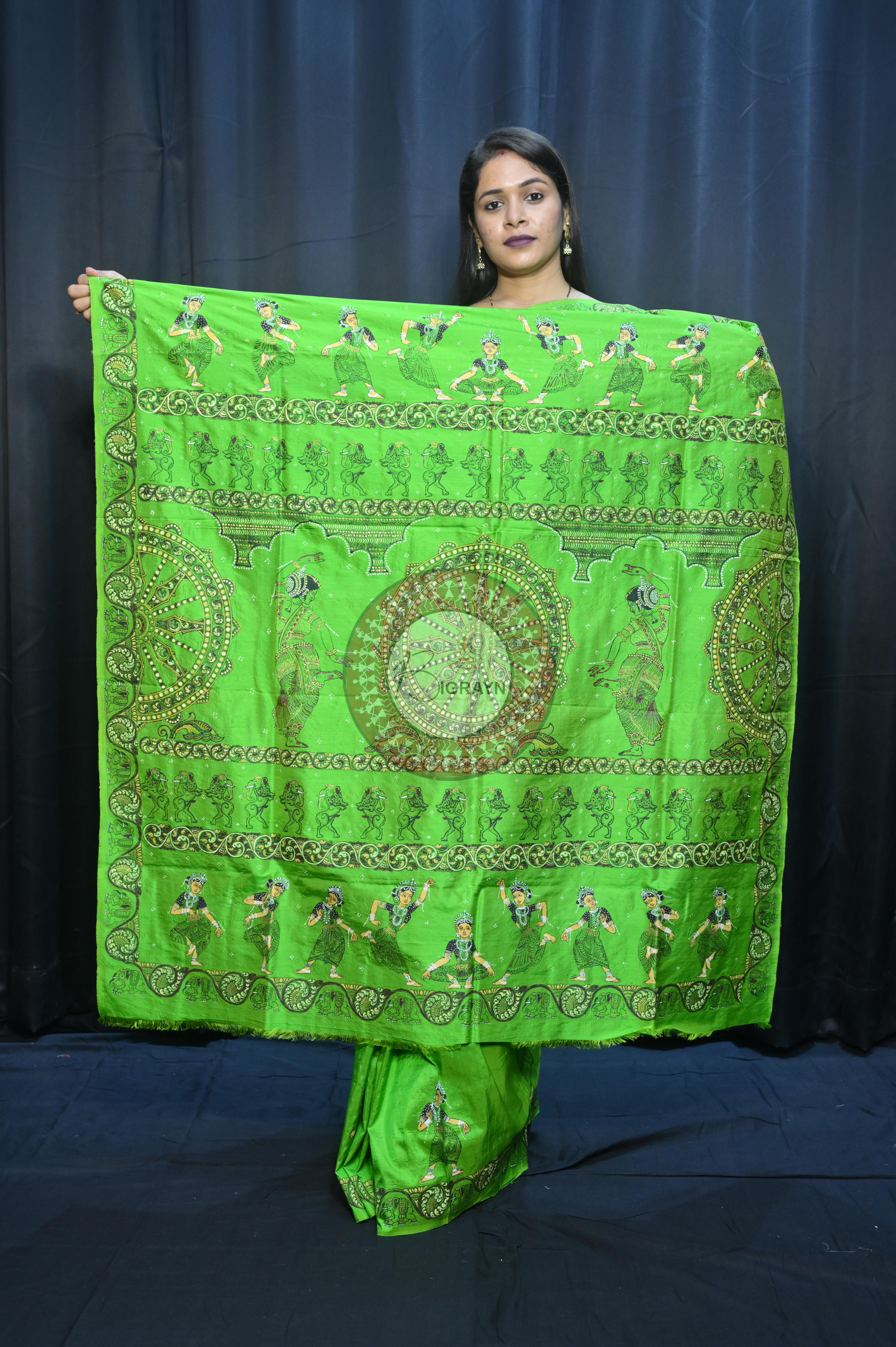 Parrot Green Konark Chakra And Dancer Theme Pattachitra Sambalpuri Silk Saree