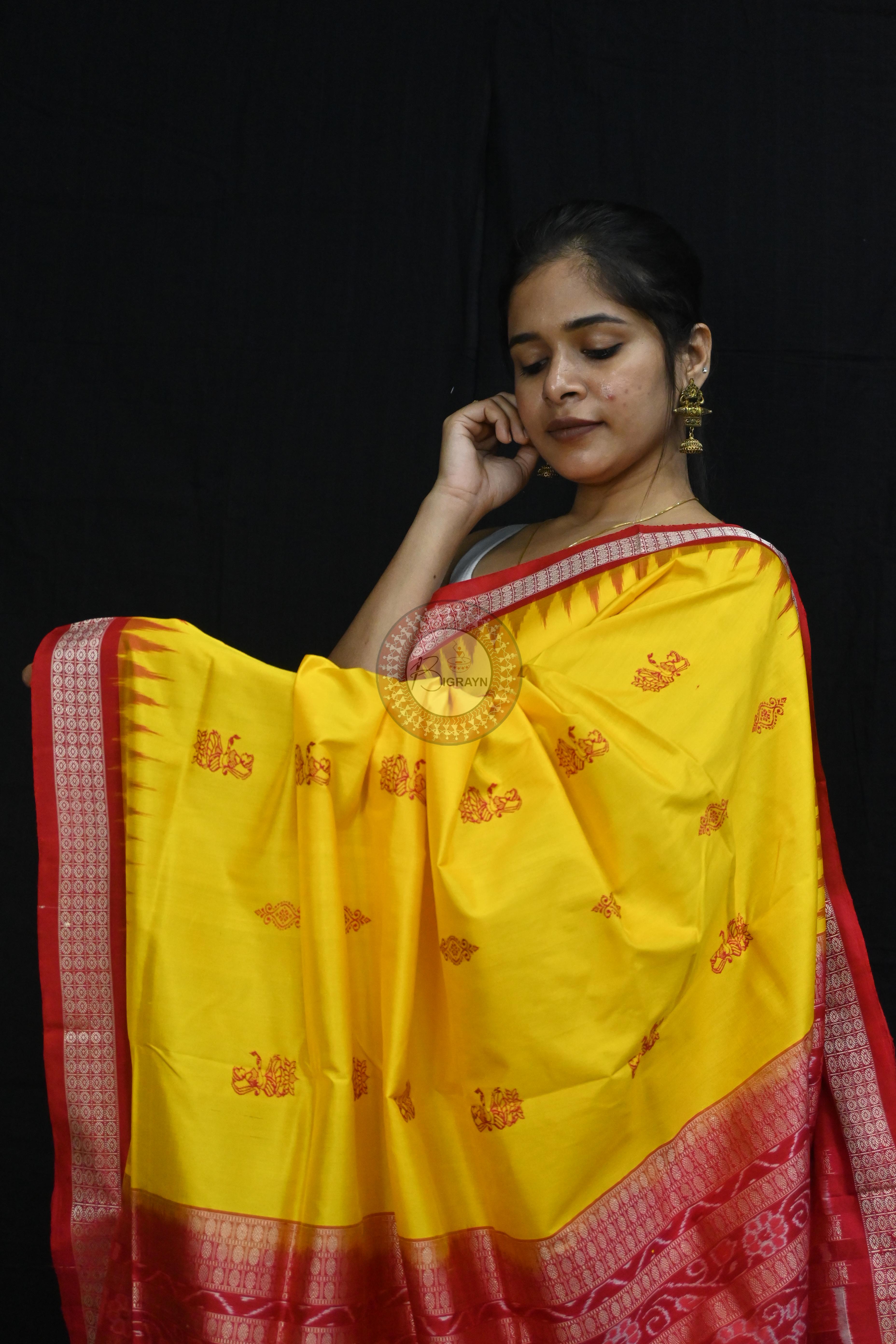 Yellow Red Tribal Dipa Bomkai Silk Saree