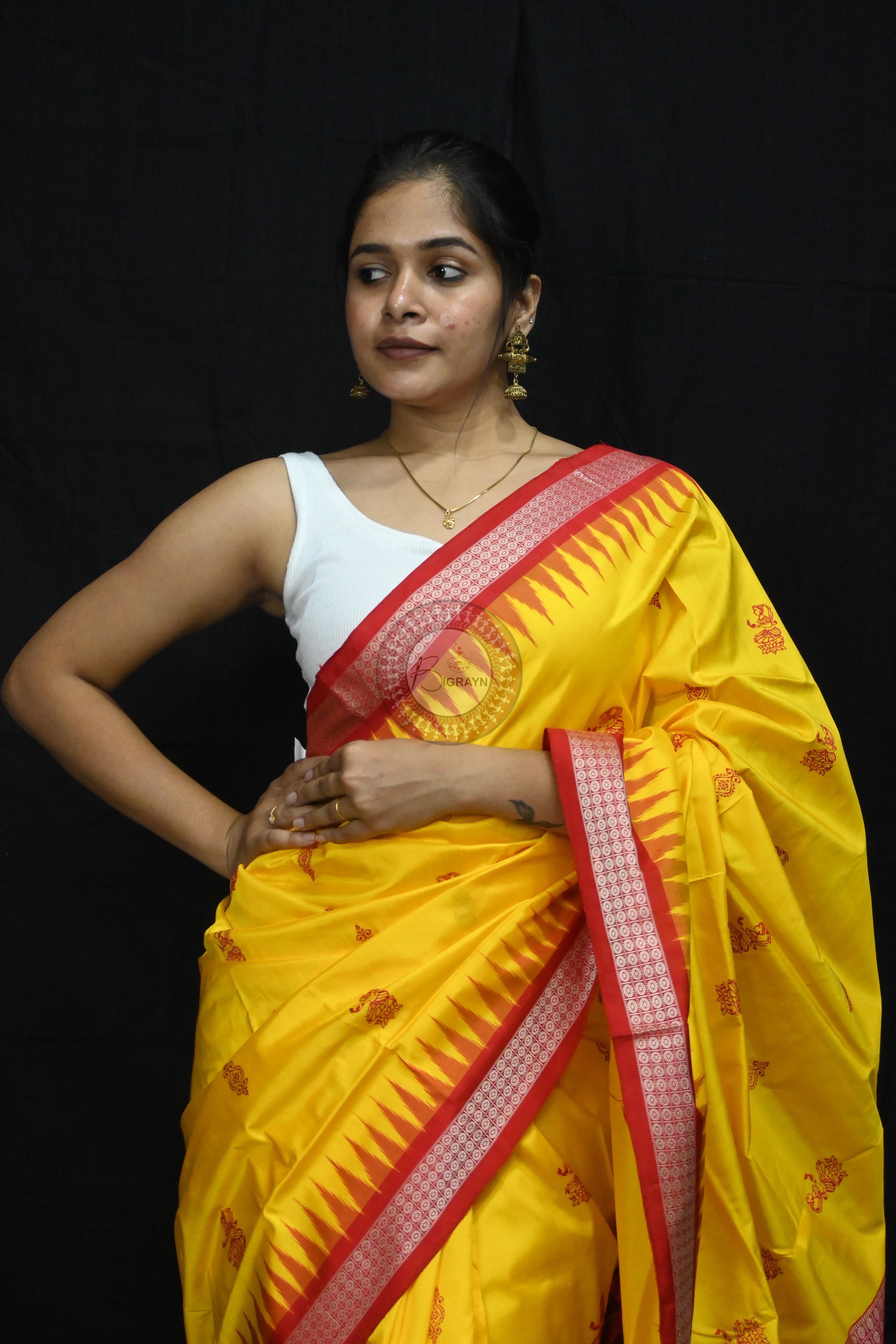 Yellow Red Tribal Dipa Bomkai Silk Saree