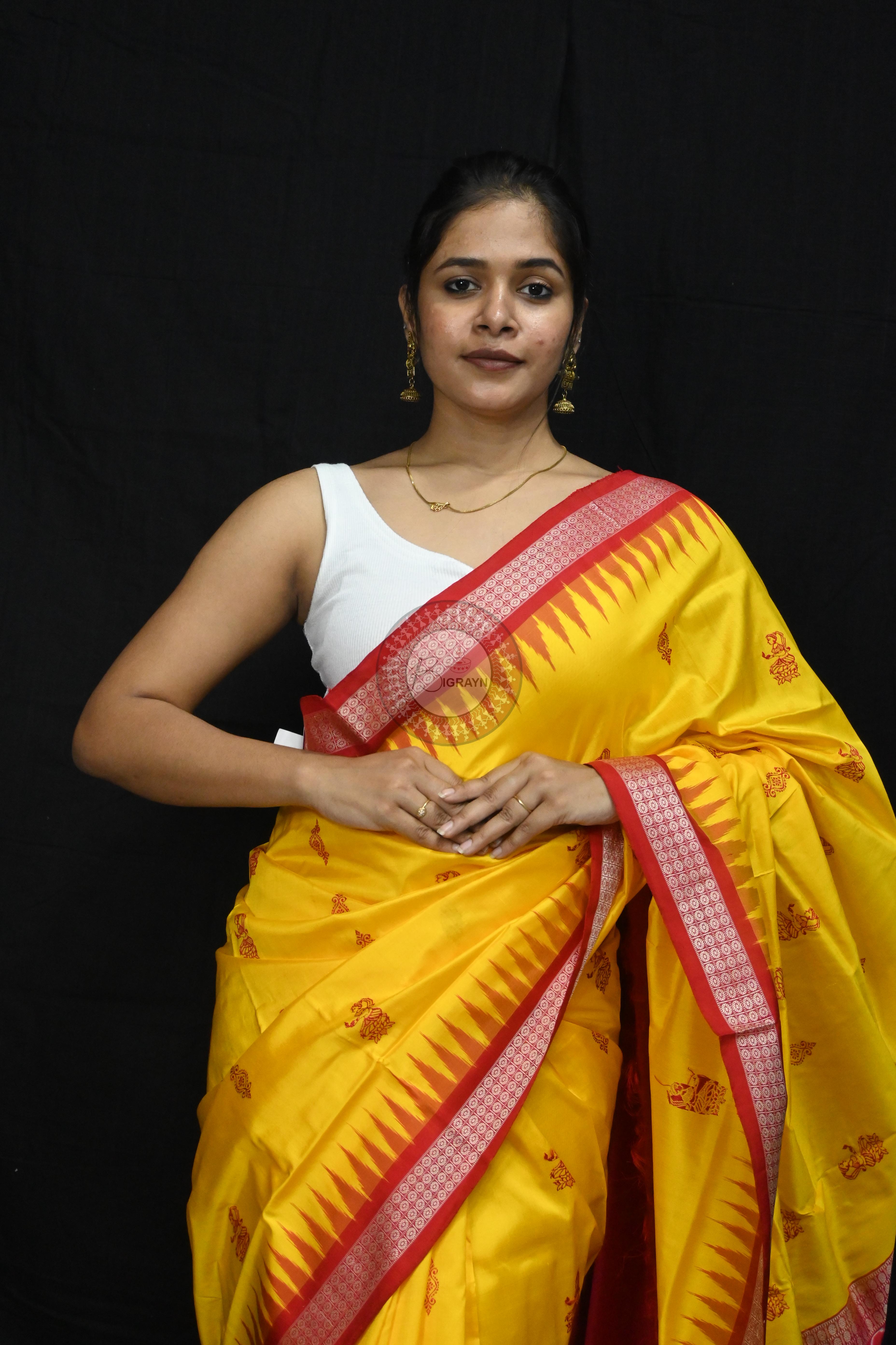 Yellow Red Tribal Dipa Bomkai Silk Saree