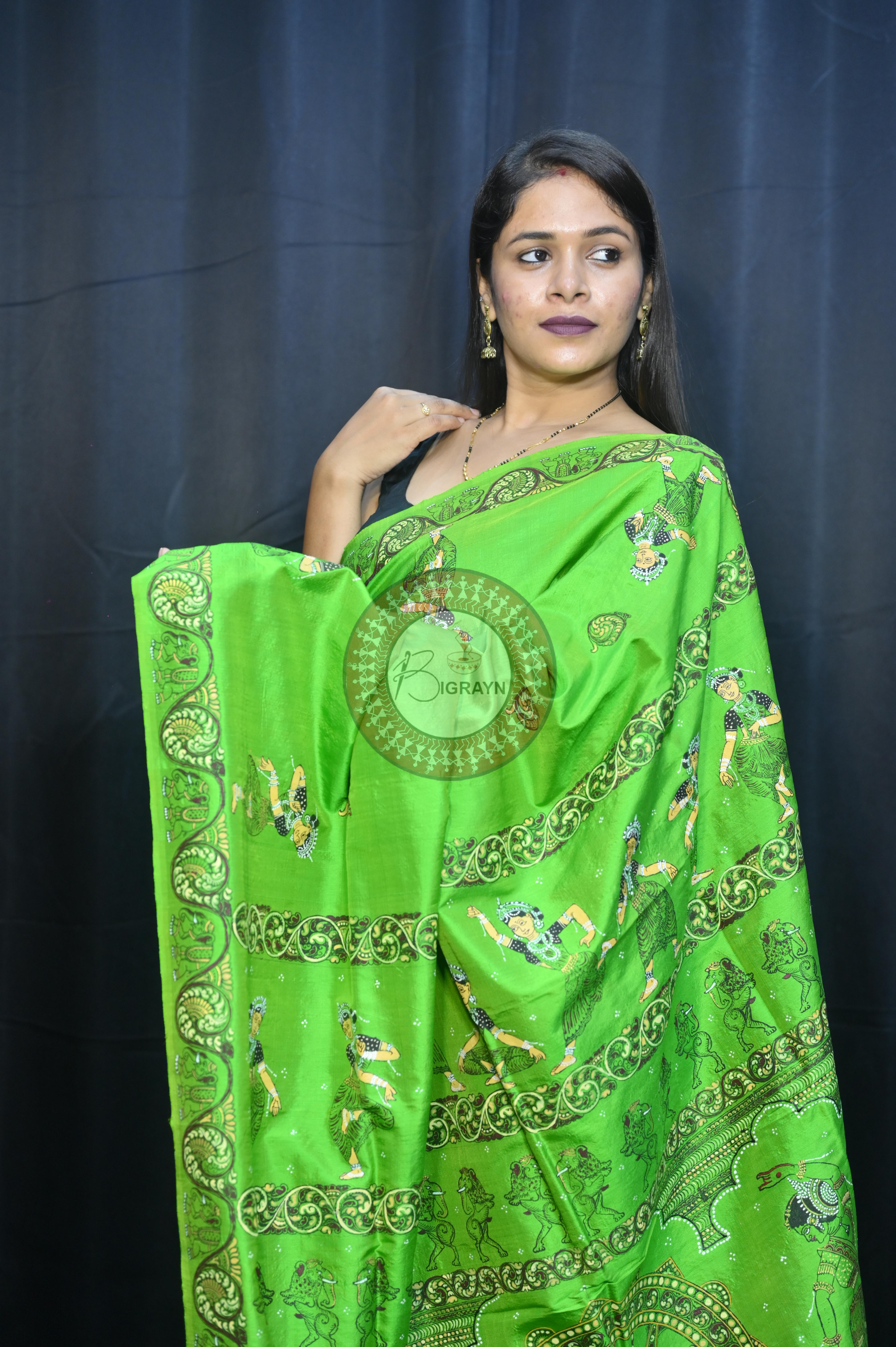 Parrot Green Konark Chakra And Dancer Theme Pattachitra Sambalpuri Silk Saree