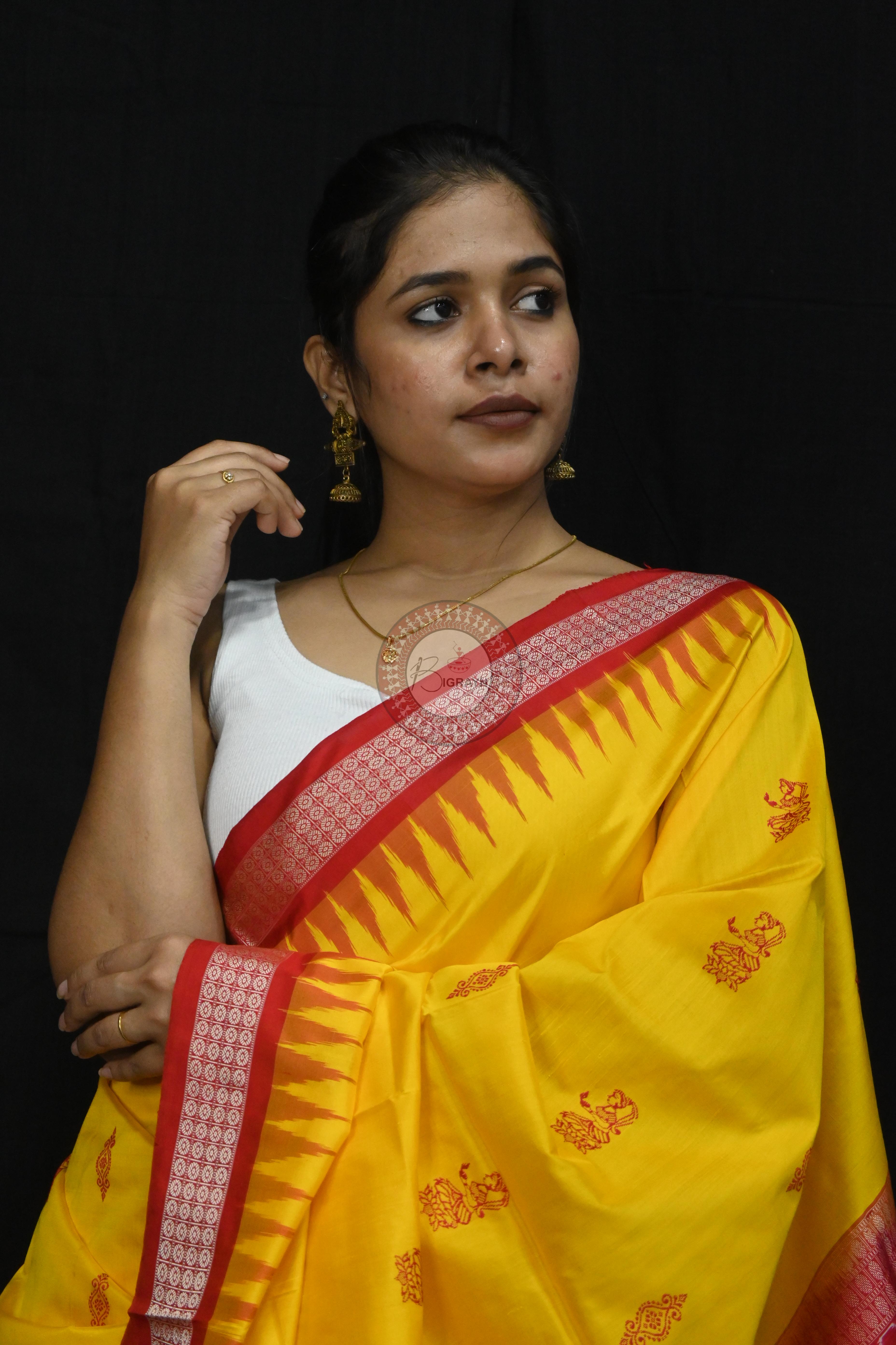 Yellow Red Tribal Dipa Bomkai Silk Saree