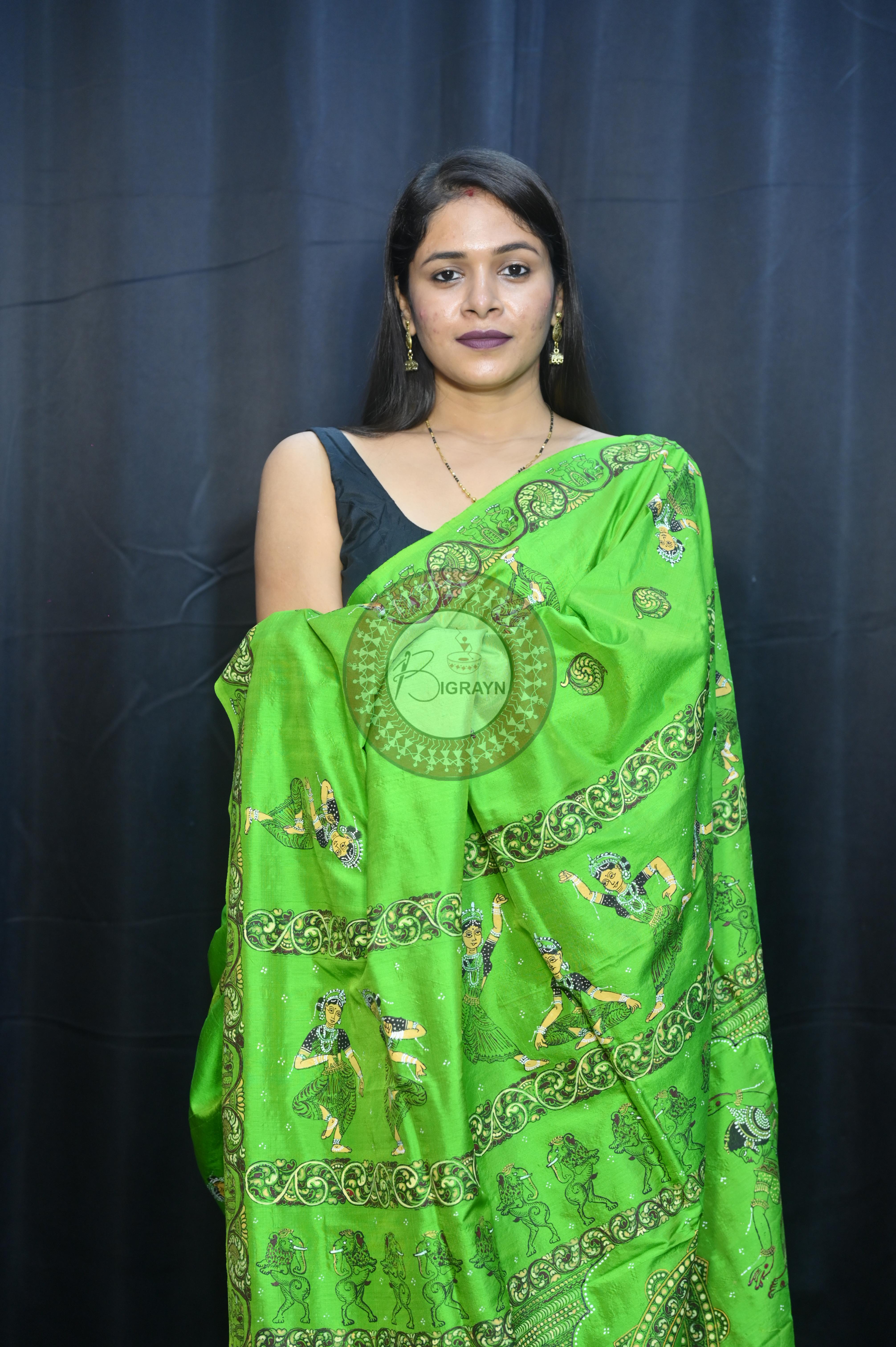 Parrot Green Konark Chakra And Dancer Theme Pattachitra Sambalpuri Silk Saree