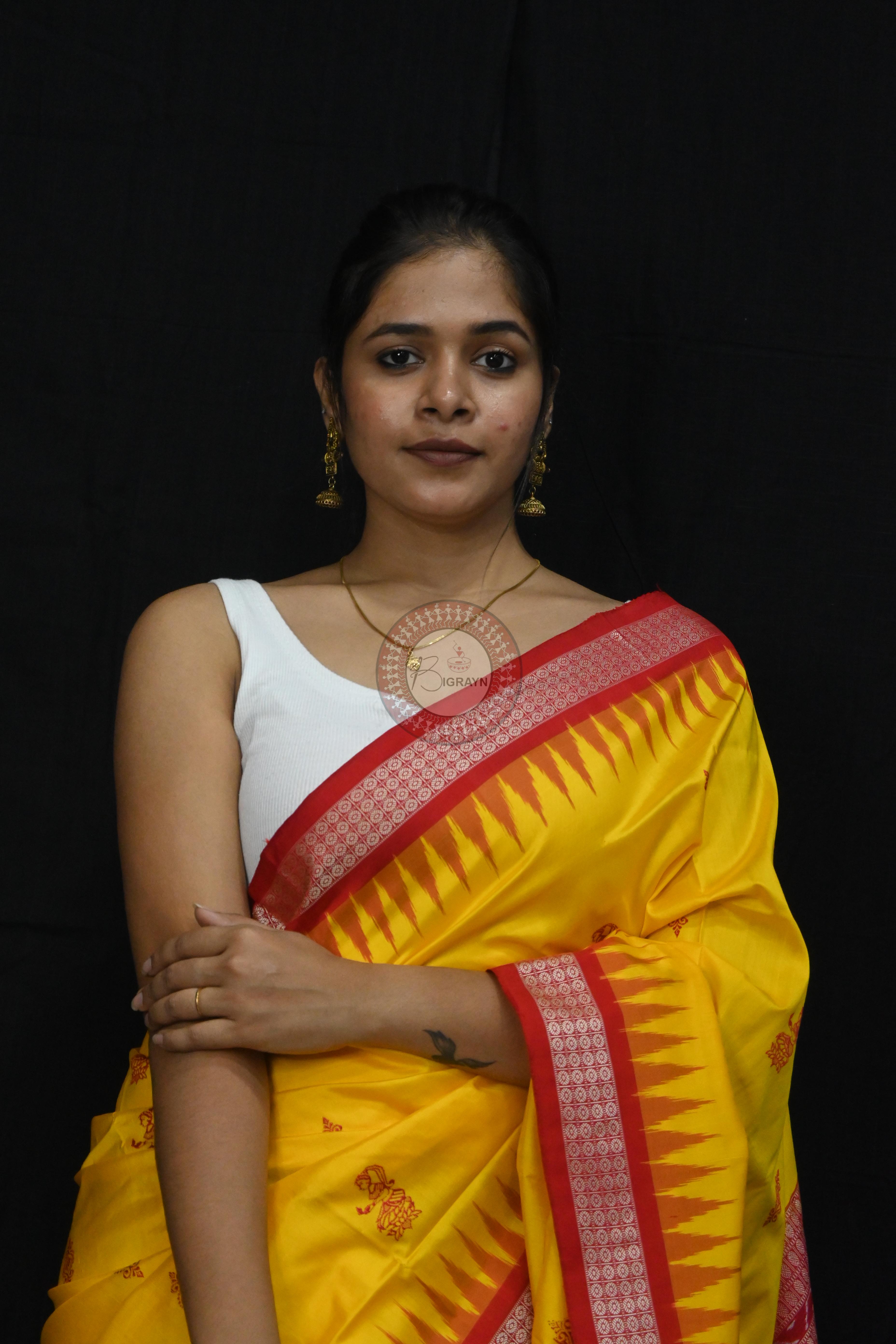 Yellow Red Tribal Dipa Bomkai Silk Saree