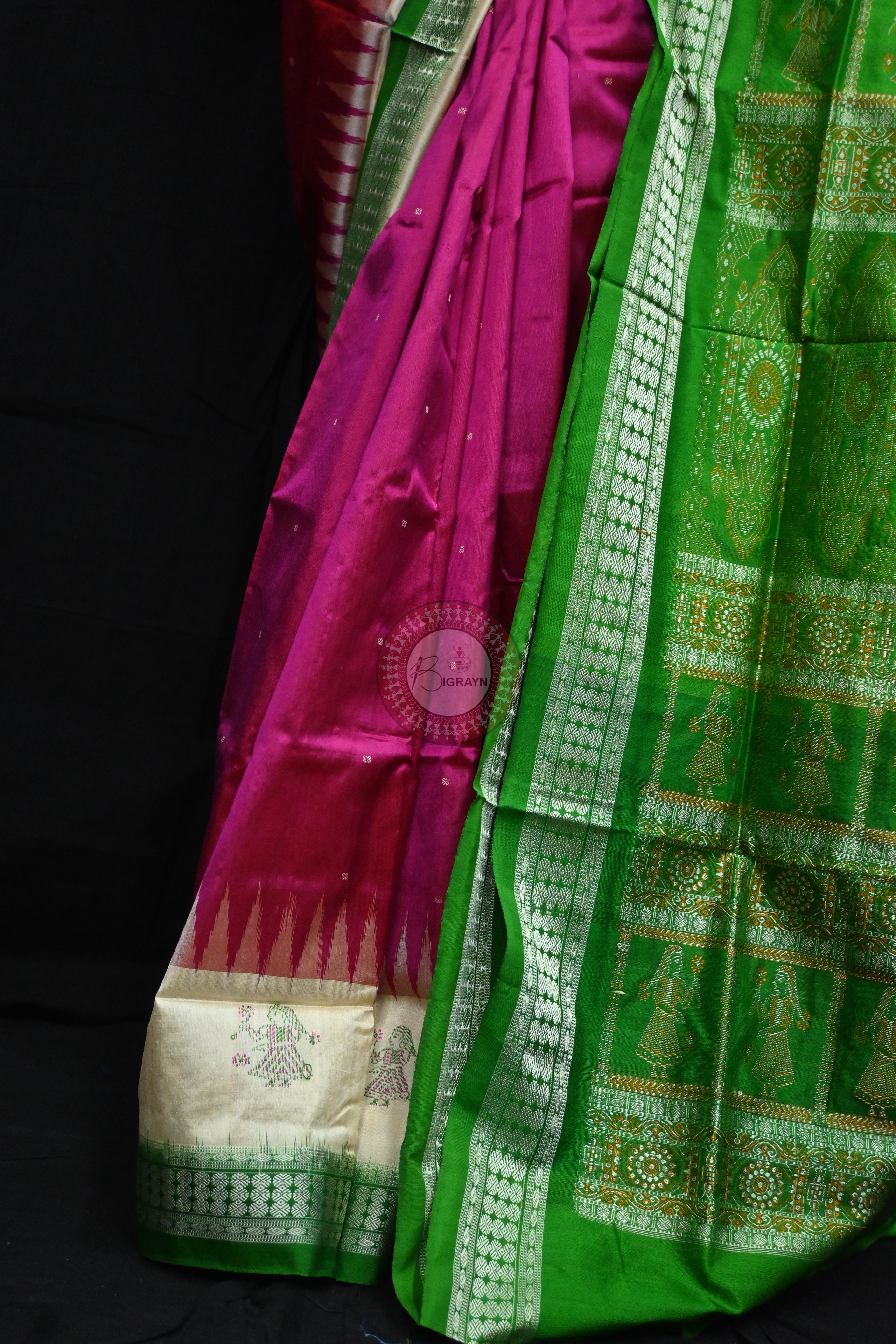Pink Green Doll Anchal Bomkai Silk Saree