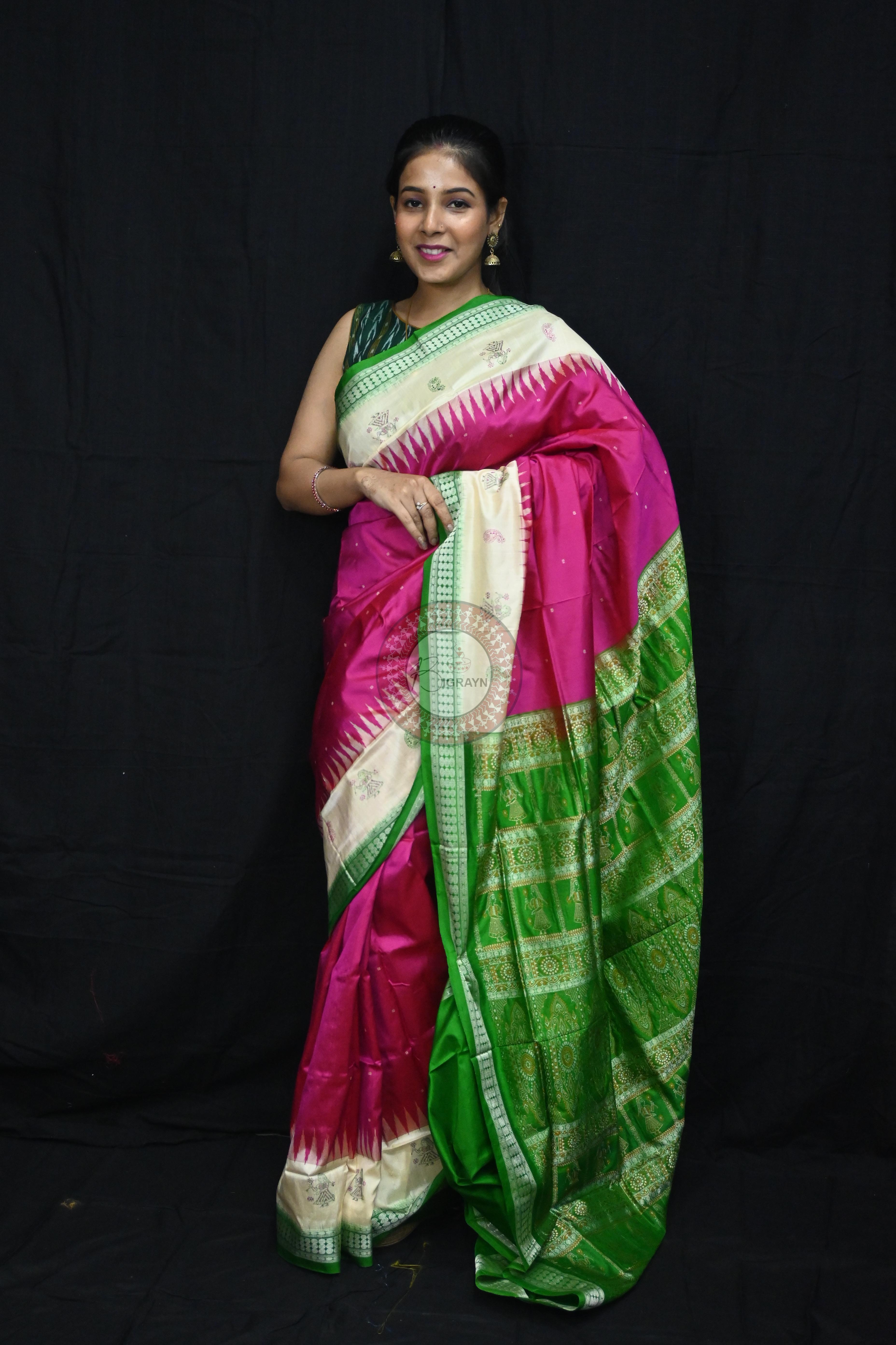 Pink Green Doll Anchal Bomkai Silk Saree