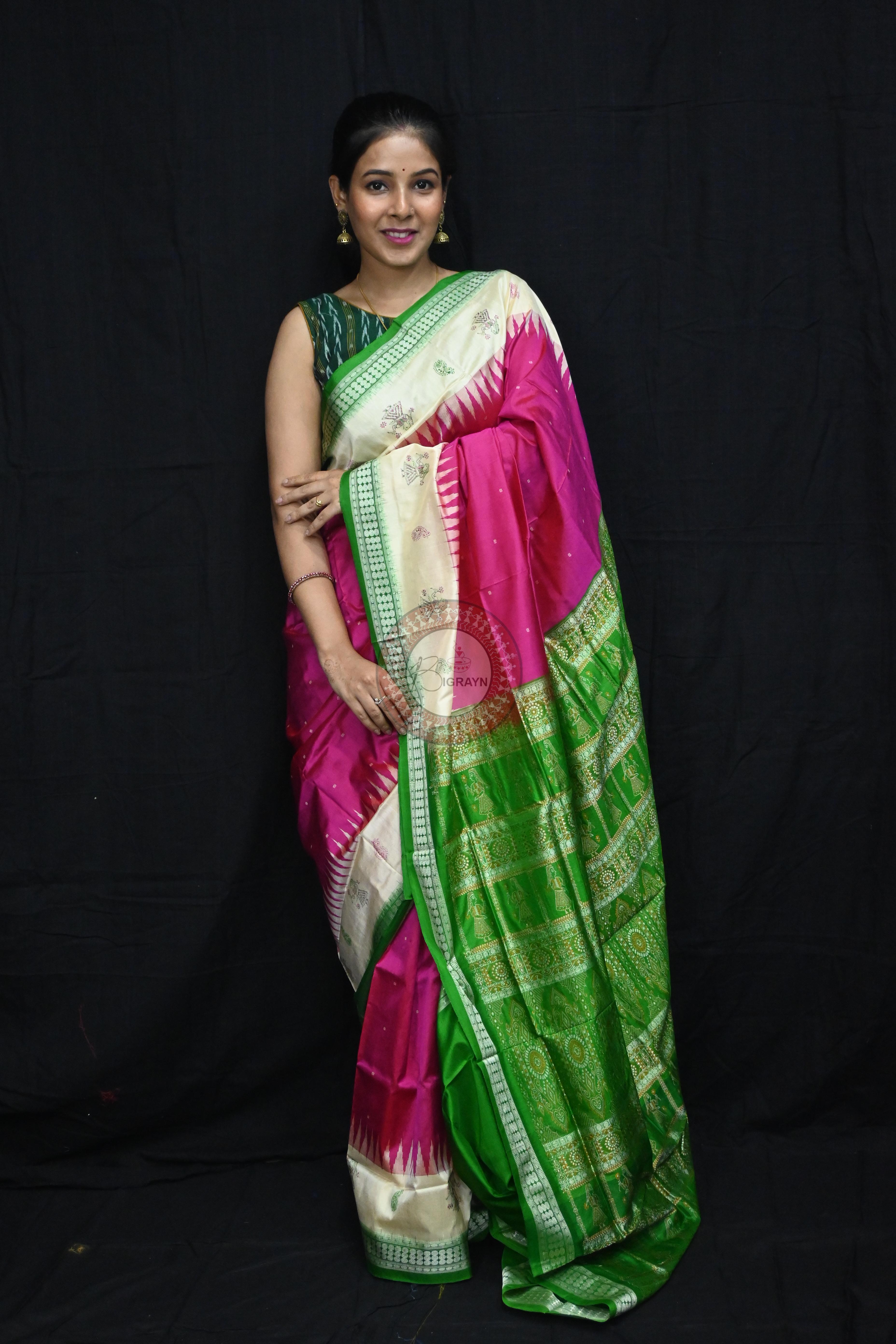 Pink Green Doll Anchal Bomkai Silk Saree