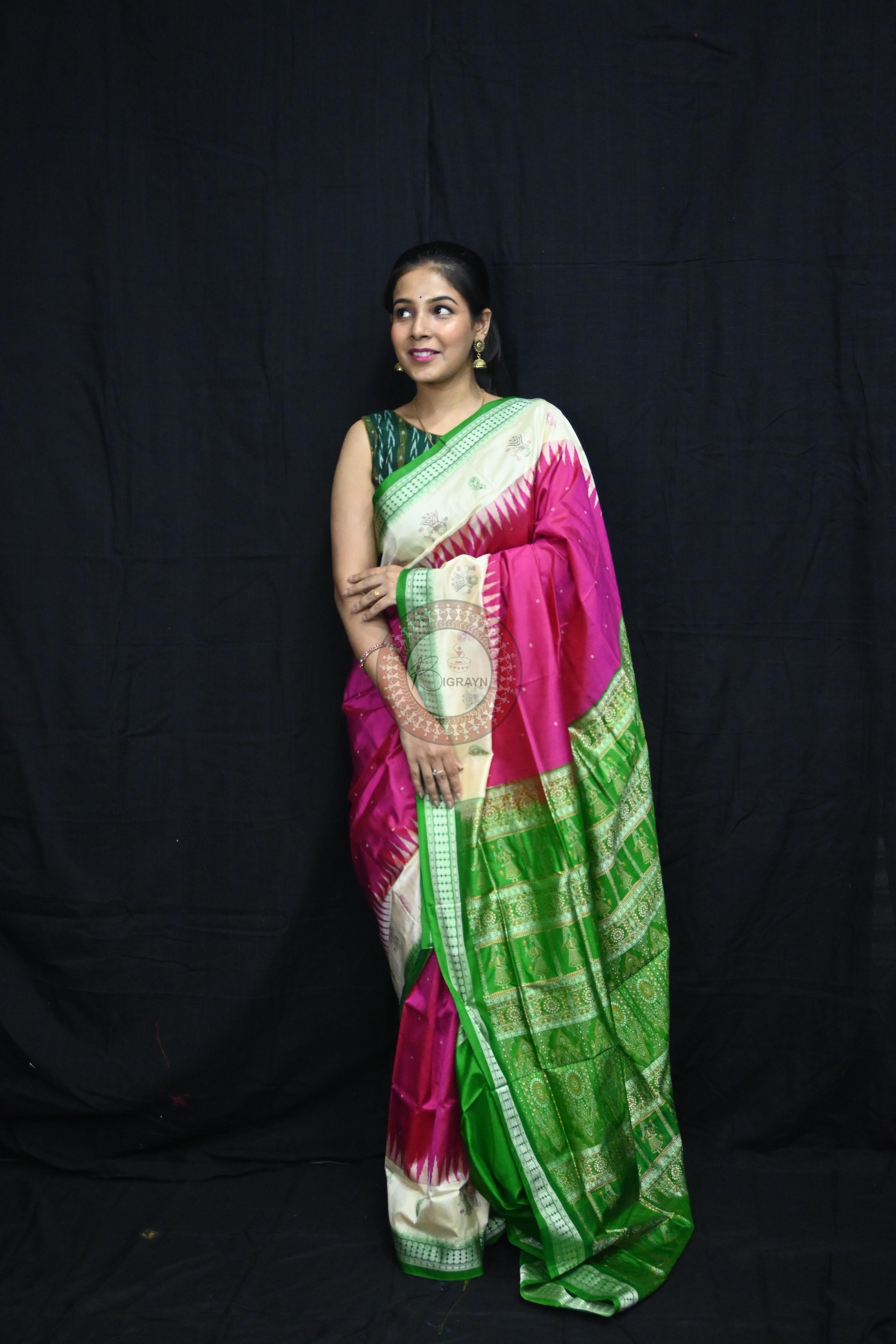 Pink Green Doll Anchal Bomkai Silk Saree