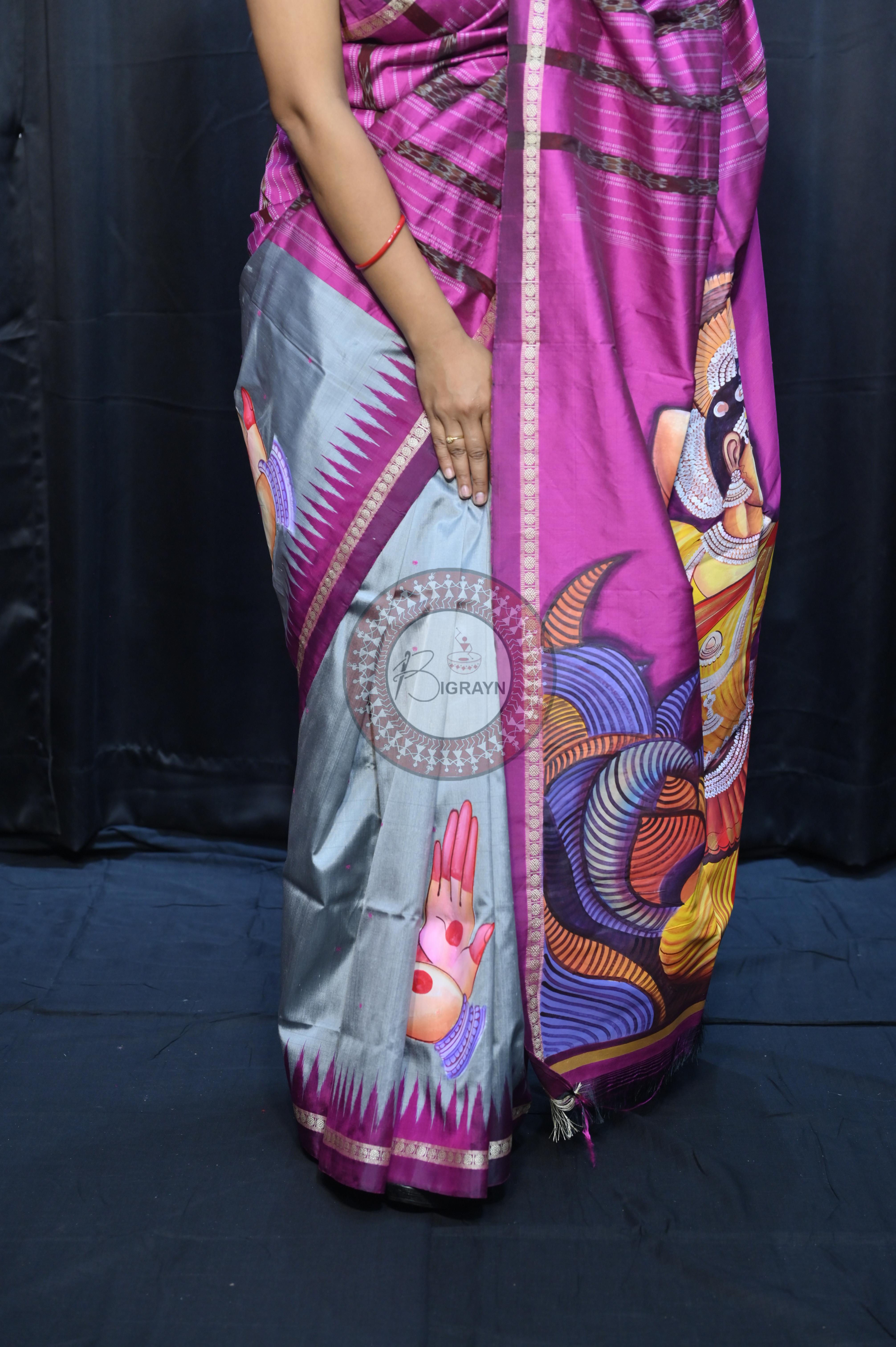 Grey Magenta Odishi Dancer Theme Pattachitra Sambalpuri Silk Saree