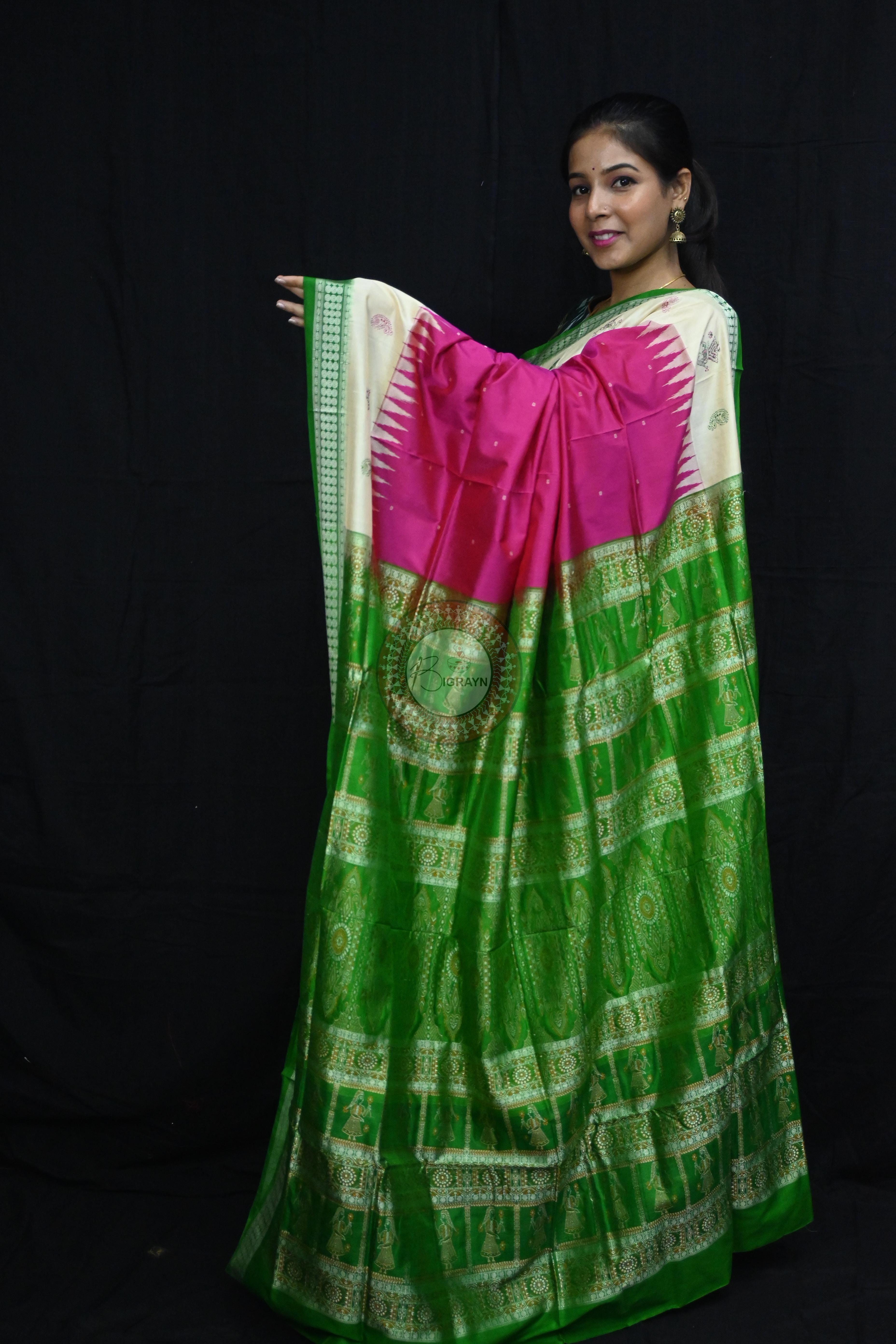 Pink Green Doll Anchal Bomkai Silk Saree