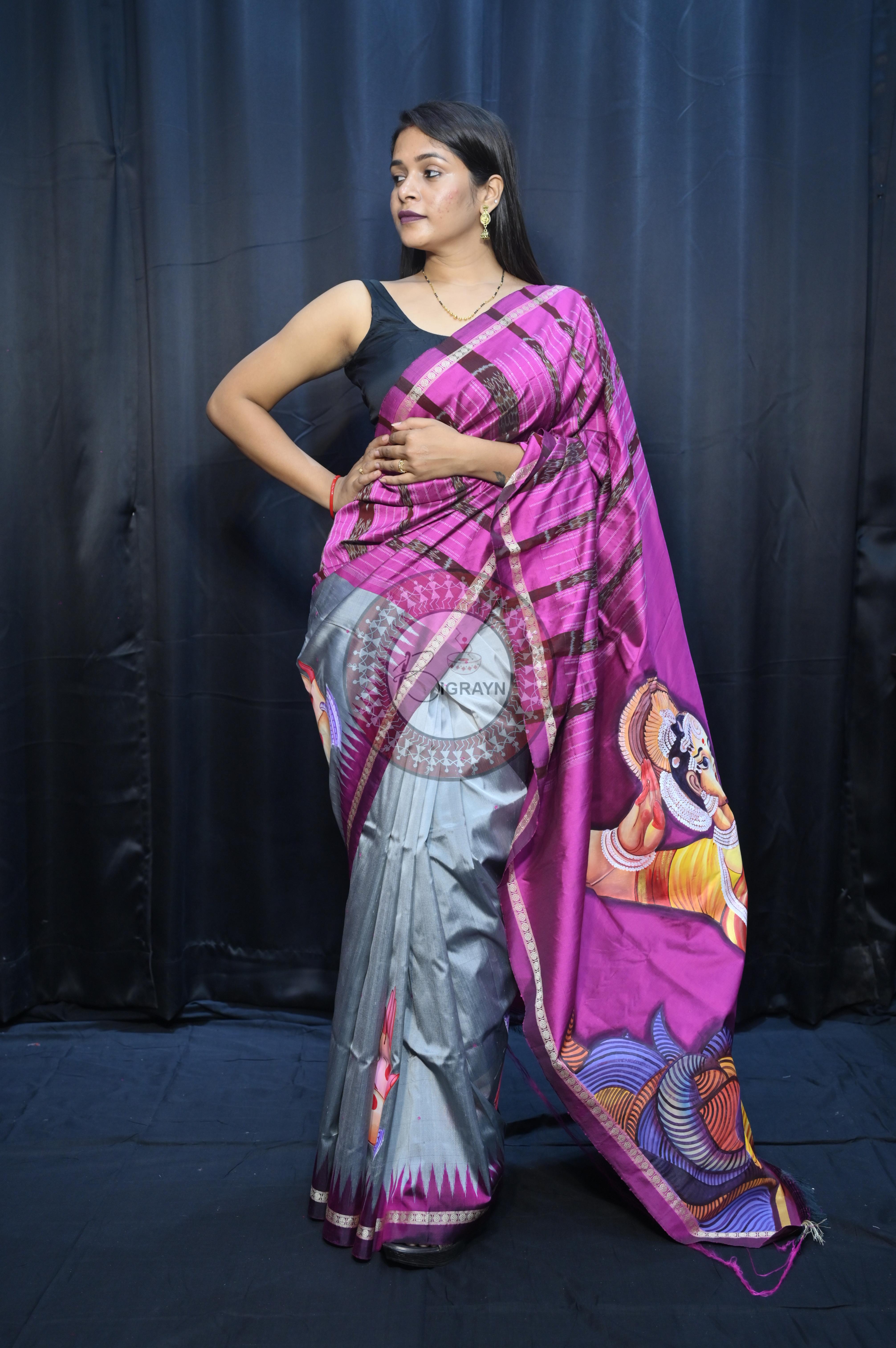 Grey Magenta Odishi Dancer Theme Pattachitra Sambalpuri Silk Saree