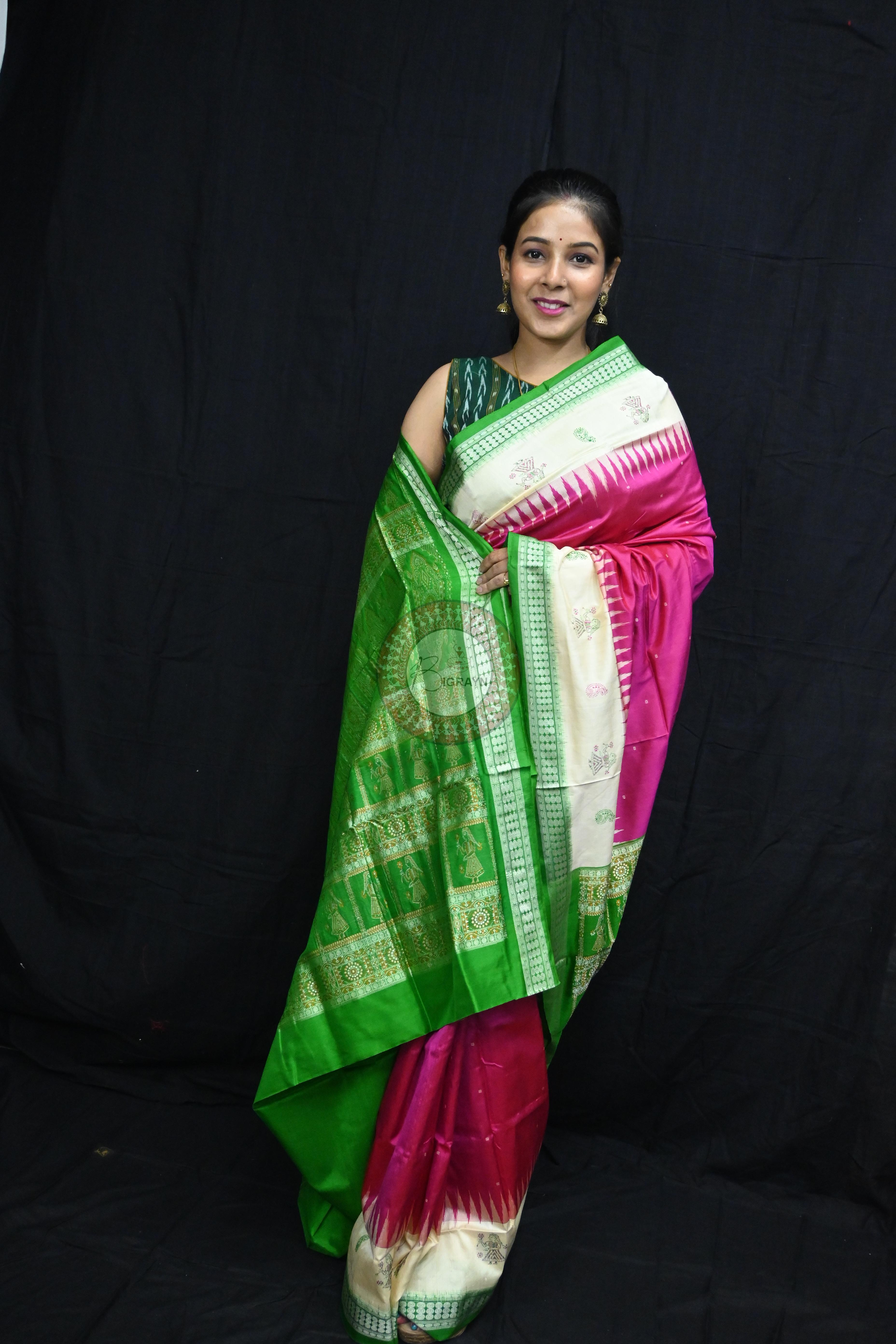Pink Green Doll Anchal Bomkai Silk Saree