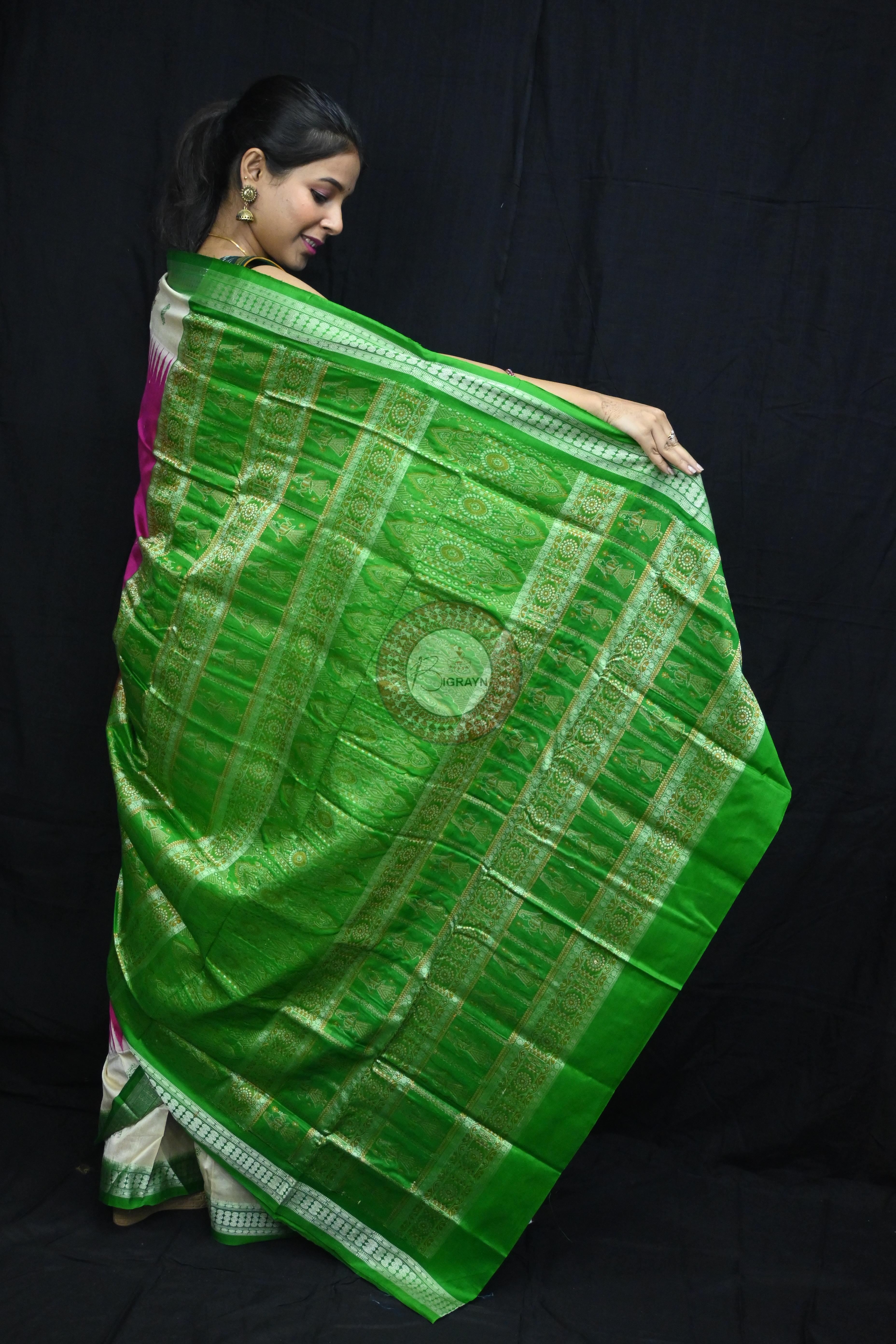 Pink Green Doll Anchal Bomkai Silk Saree