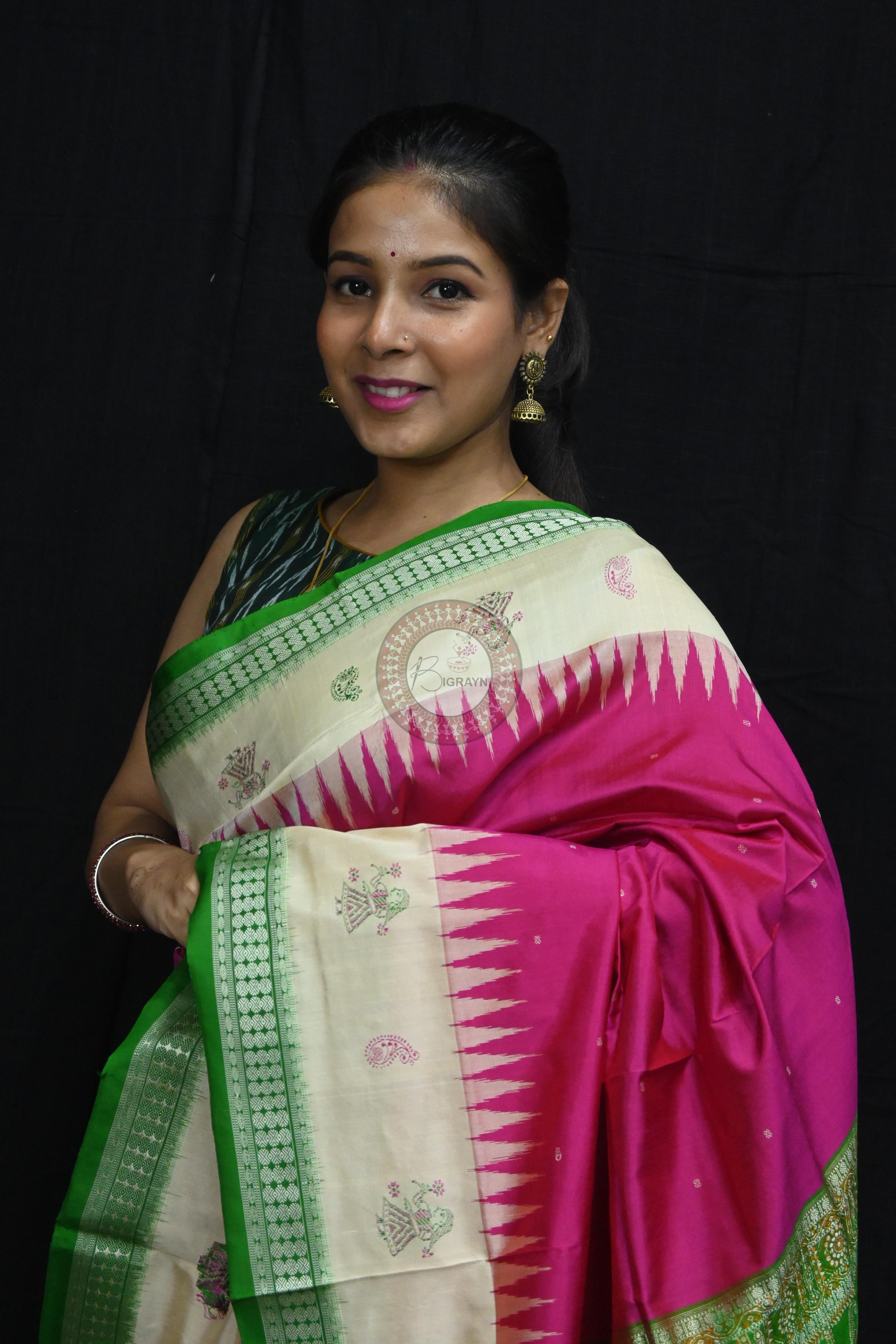 Pink Green Doll Anchal Bomkai Silk Saree