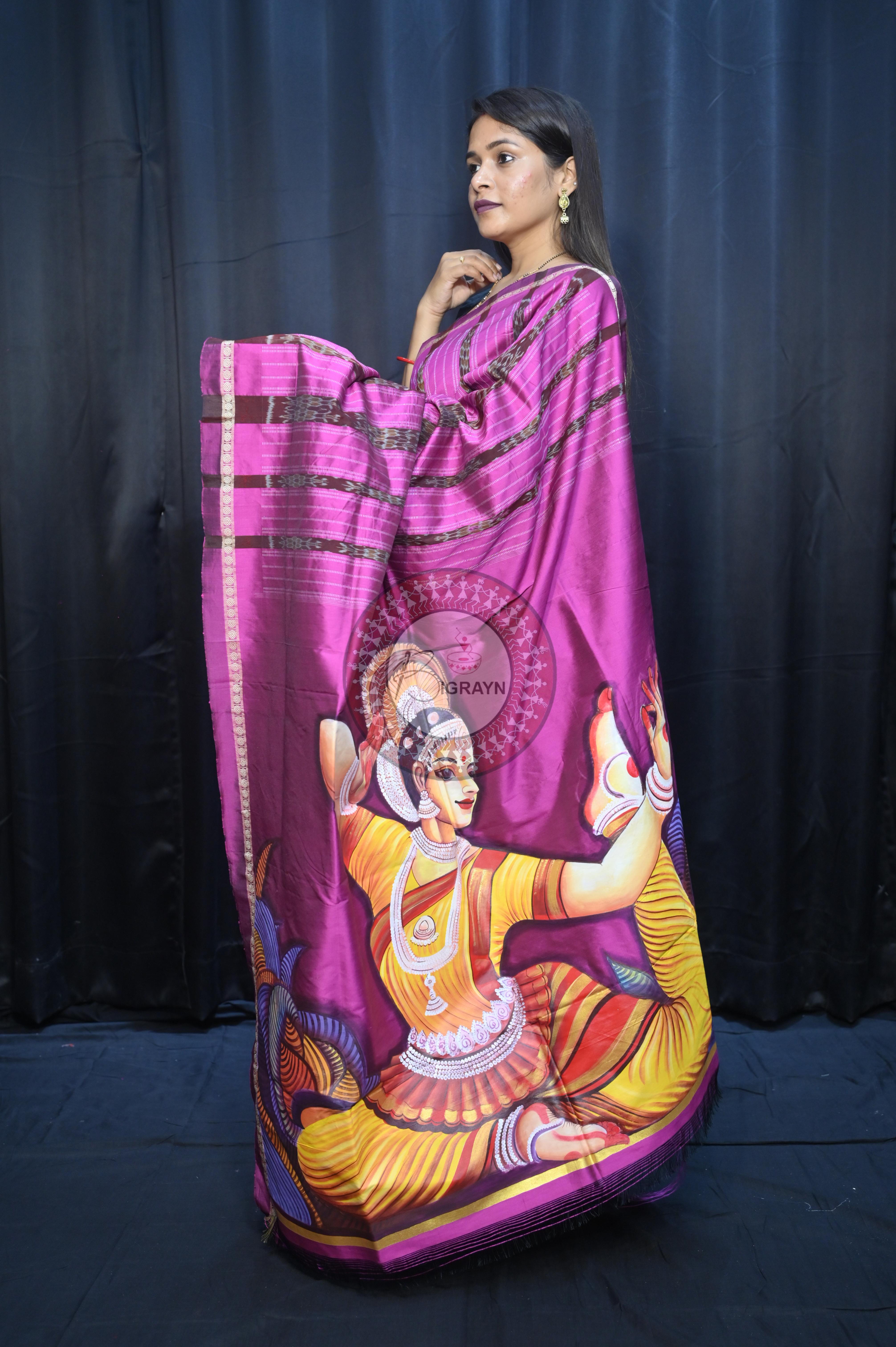 Grey Magenta Odishi Dancer Theme Pattachitra Sambalpuri Silk Saree