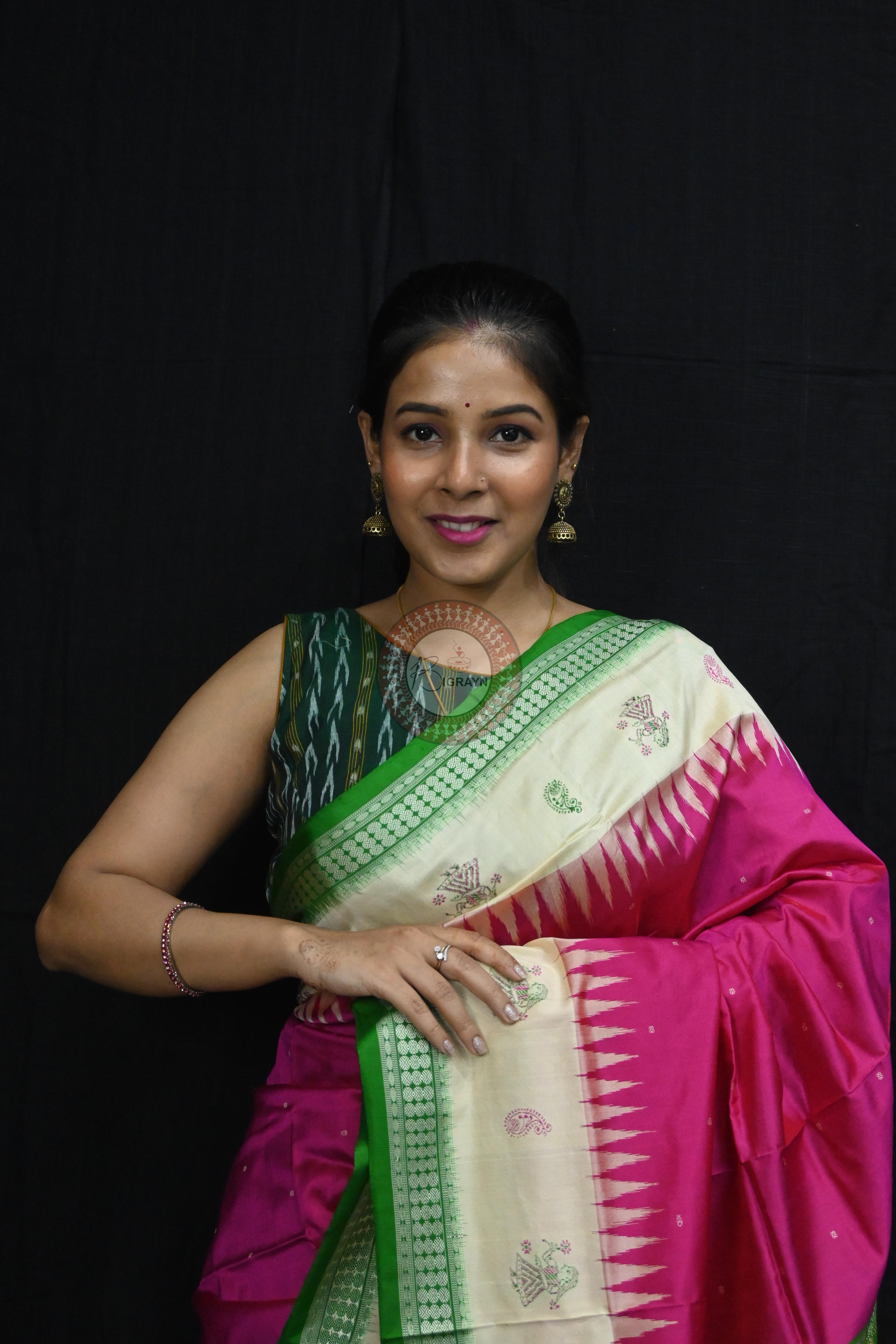 Pink Green Doll Anchal Bomkai Silk Saree