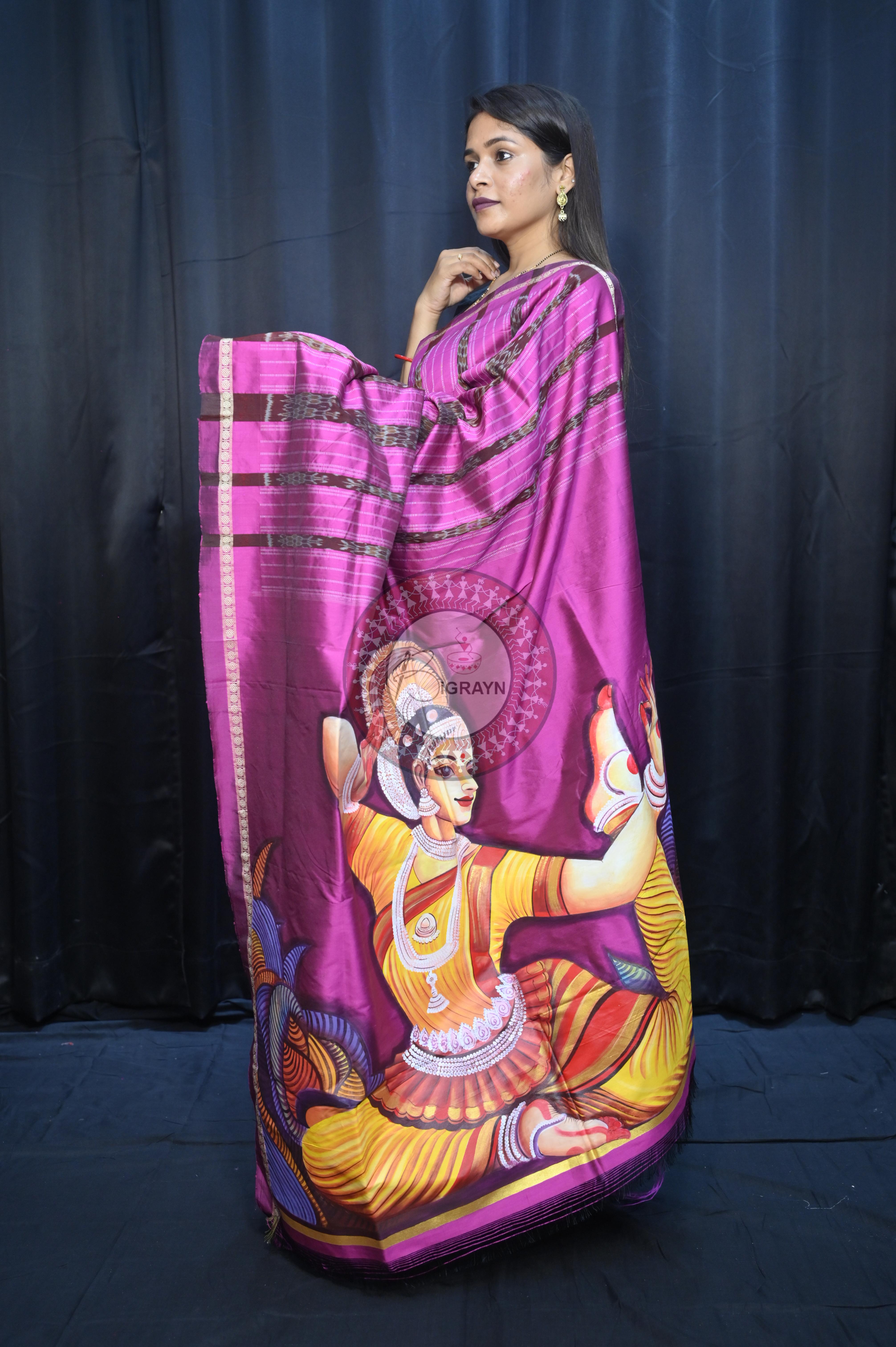 Grey Magenta Odishi Dancer Theme Pattachitra Sambalpuri Silk Saree