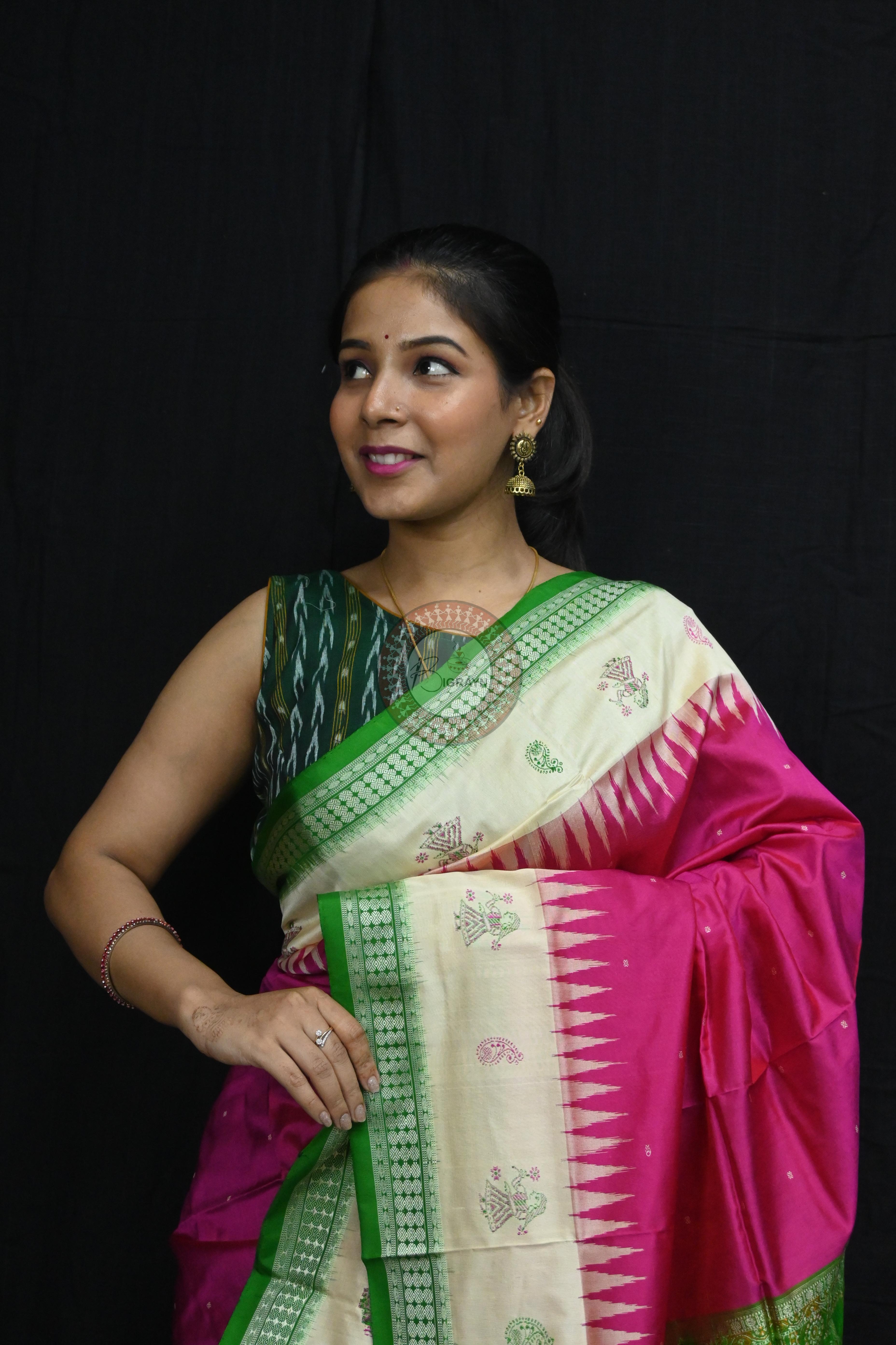 Pink Green Doll Anchal Bomkai Silk Saree