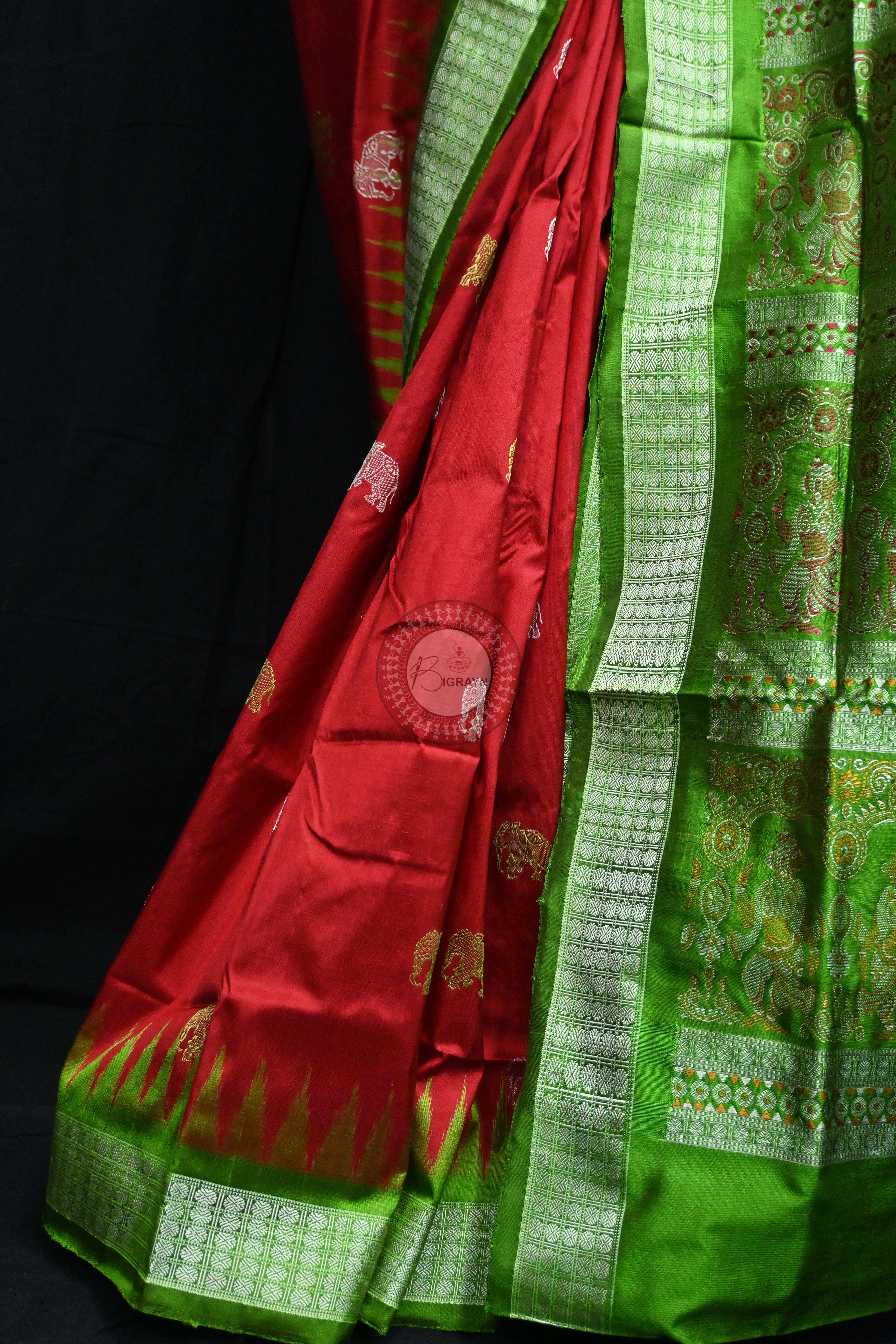 Red Green Elephant Bomkai Silk Saree
