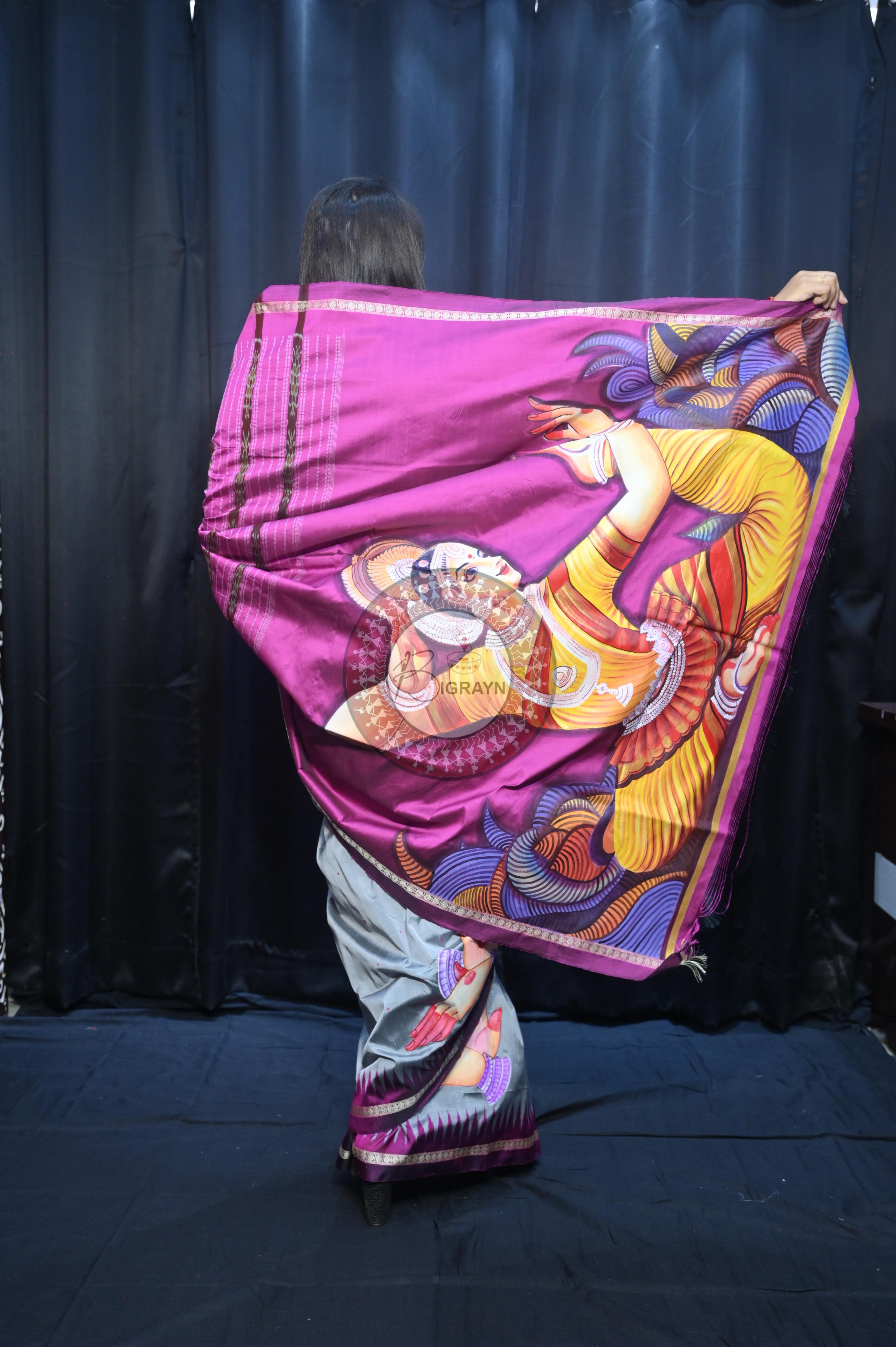 Grey Magenta Odishi Dancer Theme Pattachitra Sambalpuri Silk Saree